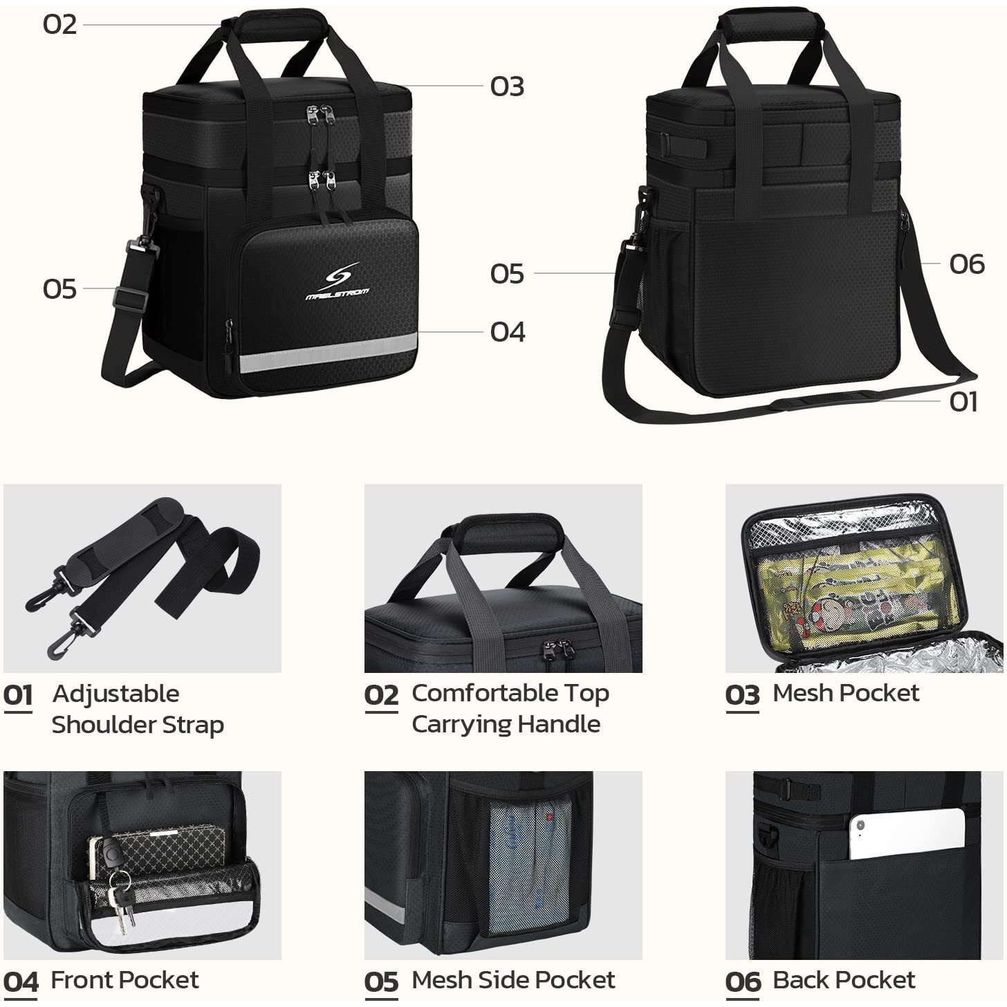 Maelstrom Lunch Box For Men,Insulated Lunch Bag Women/Men,Leakproof Lunch Cooler Bag,Lunch Tote Bag,18L,Black