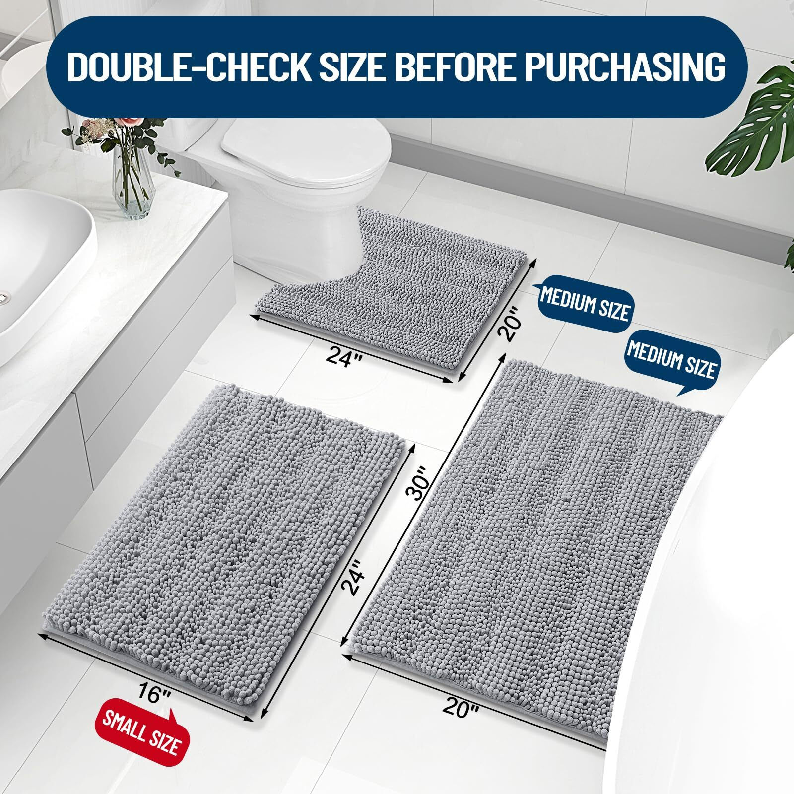 Grandaily Chenille Striped Bathroom Rugs 24X16, Extra Thick And Absorbent Bath Rugs, Non-Slip Soft Plush Shaggy Bath Carpet, Machine Wash Dry, Bath Mats For Bathroom, Grey