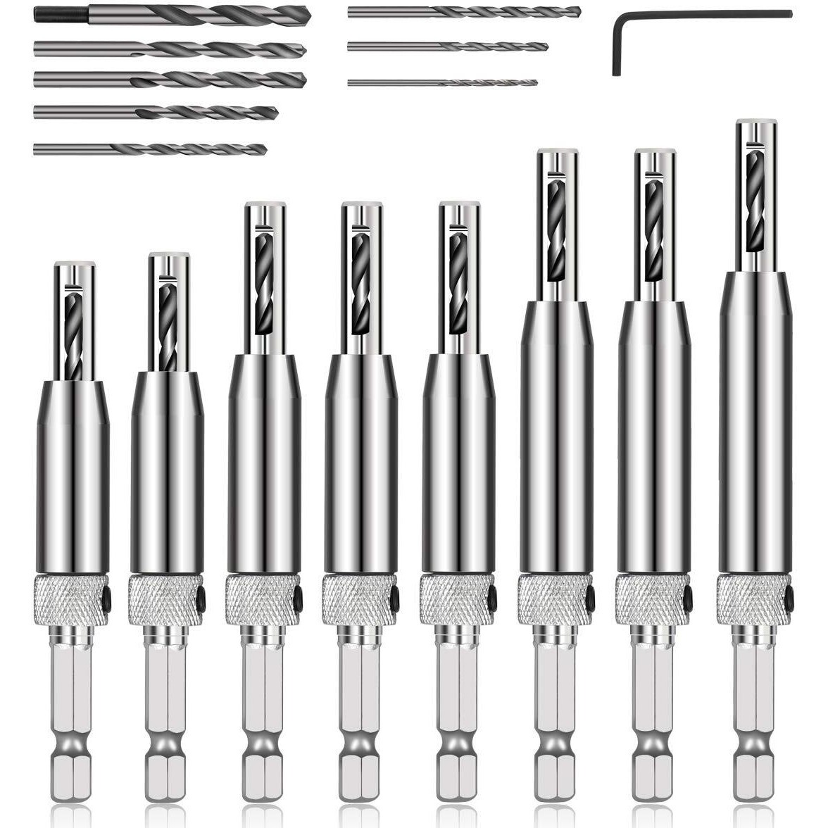 Comoware 17Pcs Vix Bits Self Centering Drill Bit Set, 1/4"" Hex Shank Self Centering Hinge Drill Bit Set For Woodworking Window Door Hinge, Quick Change With 1 Hex Key & 8 Drill Bits 5/64-1/4