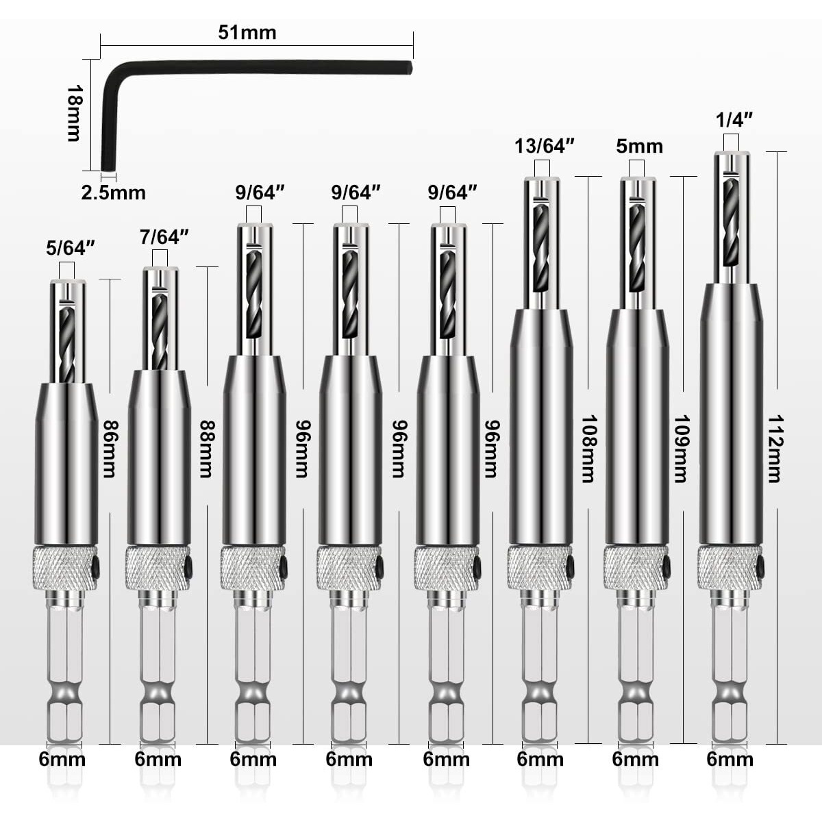 Comoware 17Pcs Vix Bits Self Centering Drill Bit Set, 1/4"" Hex Shank Self Centering Hinge Drill Bit Set For Woodworking Window Door Hinge, Quick Change With 1 Hex Key & 8 Drill Bits 5/64-1/4
