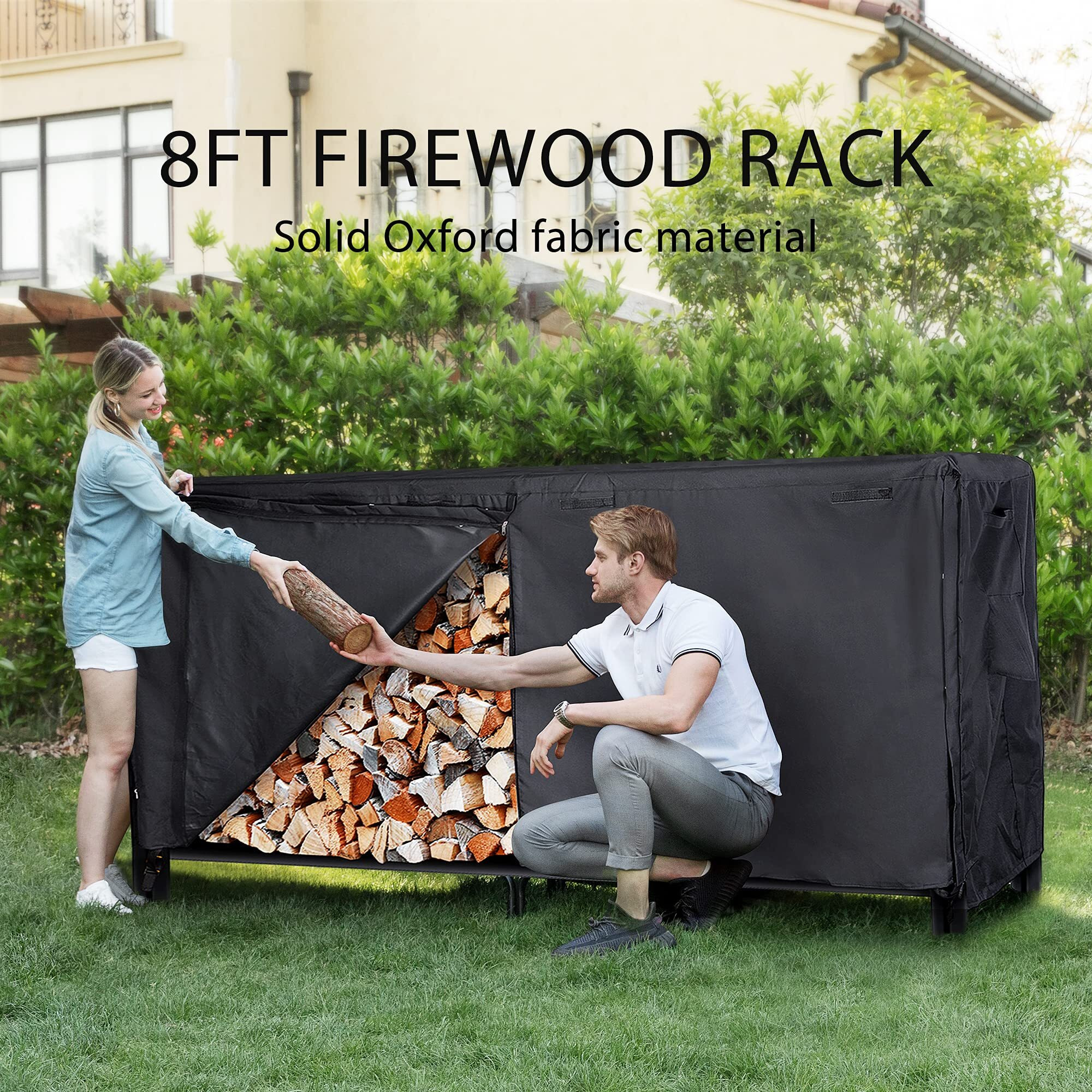 Vivohome 8Ft Heavy Duty Indoor Outdoor Firewood Storage Log Rack With Cover Combo Set Black