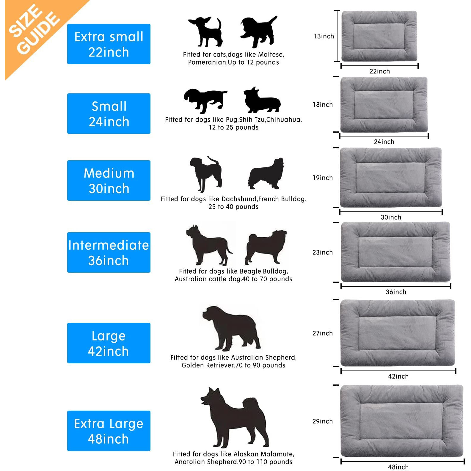 Dog Beds Crate Pad For Extra Large Dogs Fit Metal Crates,Ultra Soft Bed Washable & Anti-Slip Kennel Cozy Sleeping Mat,Gray 48Inch