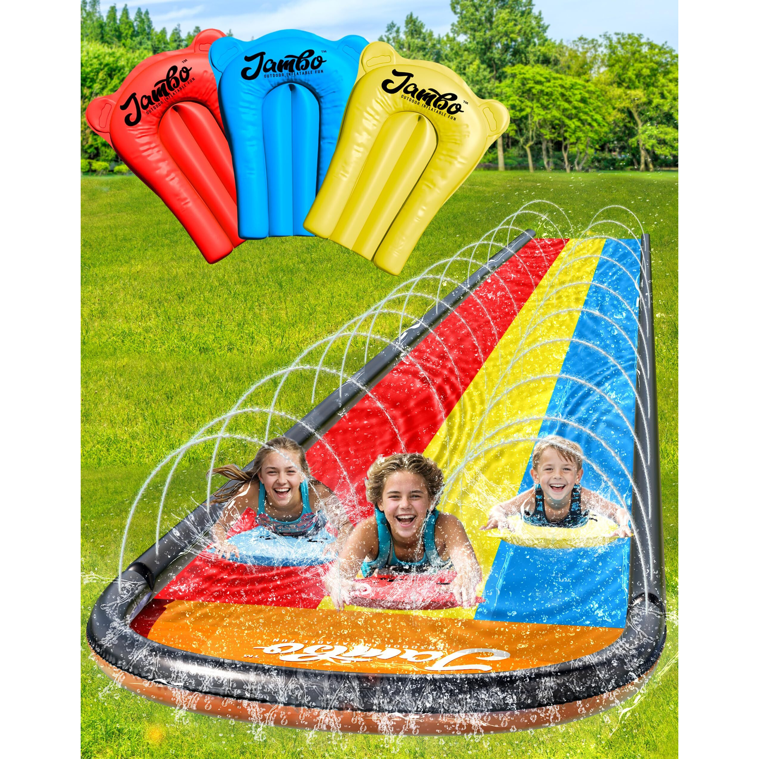 Jambo 16Ft Premium 3 Lane Slip Splash And Slide With Bodyboards, Heavy Duty Water Slide- Advanced 3-Way Sprinkler System, Splash Mat Splash Pad Backyard Waterslide Outdoor Water Toys N Slides For Kids