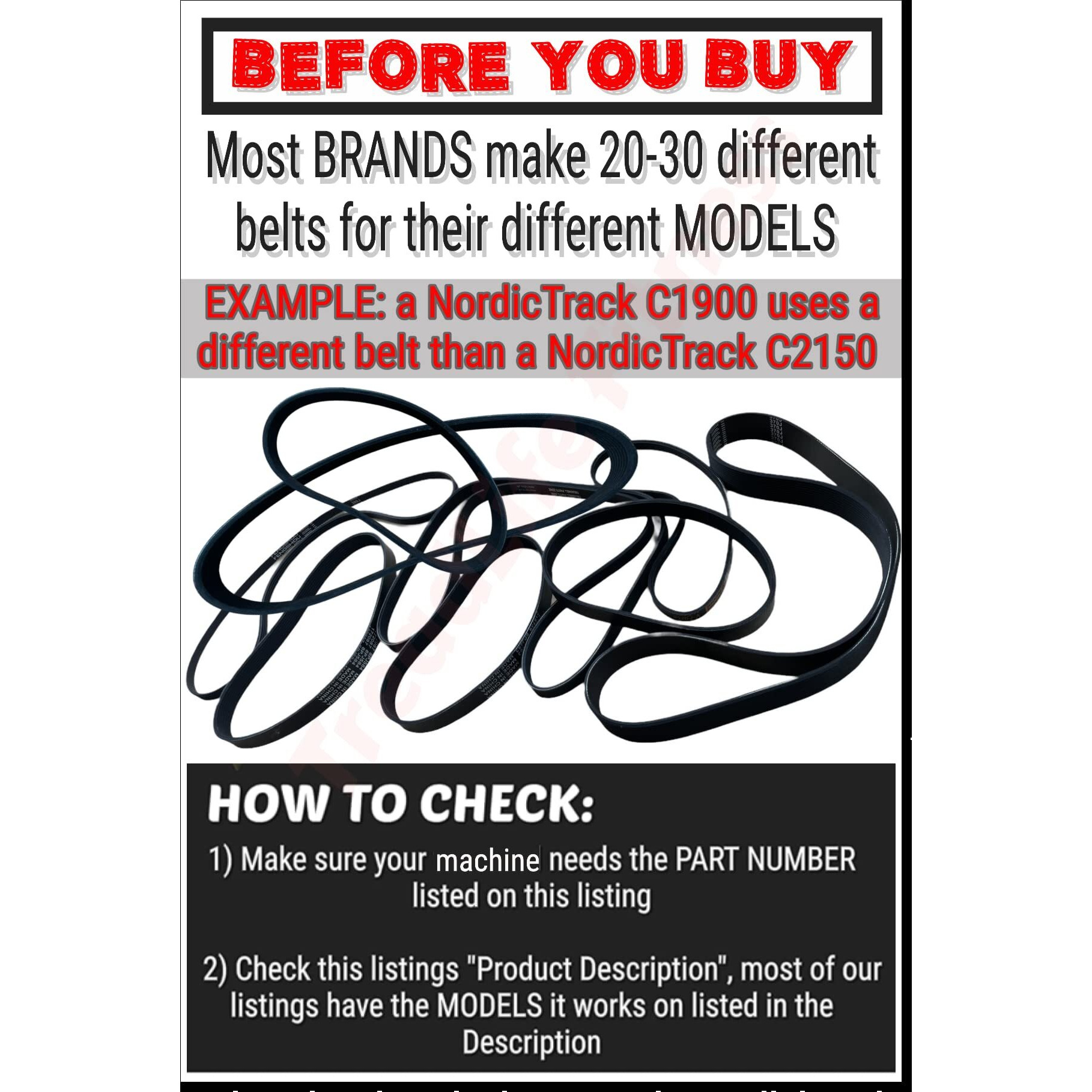 Treadmill Drive Belt 255858 - Replacement For Various Nordictrack, Proform, & Reebok Treadmills (Models Listed)