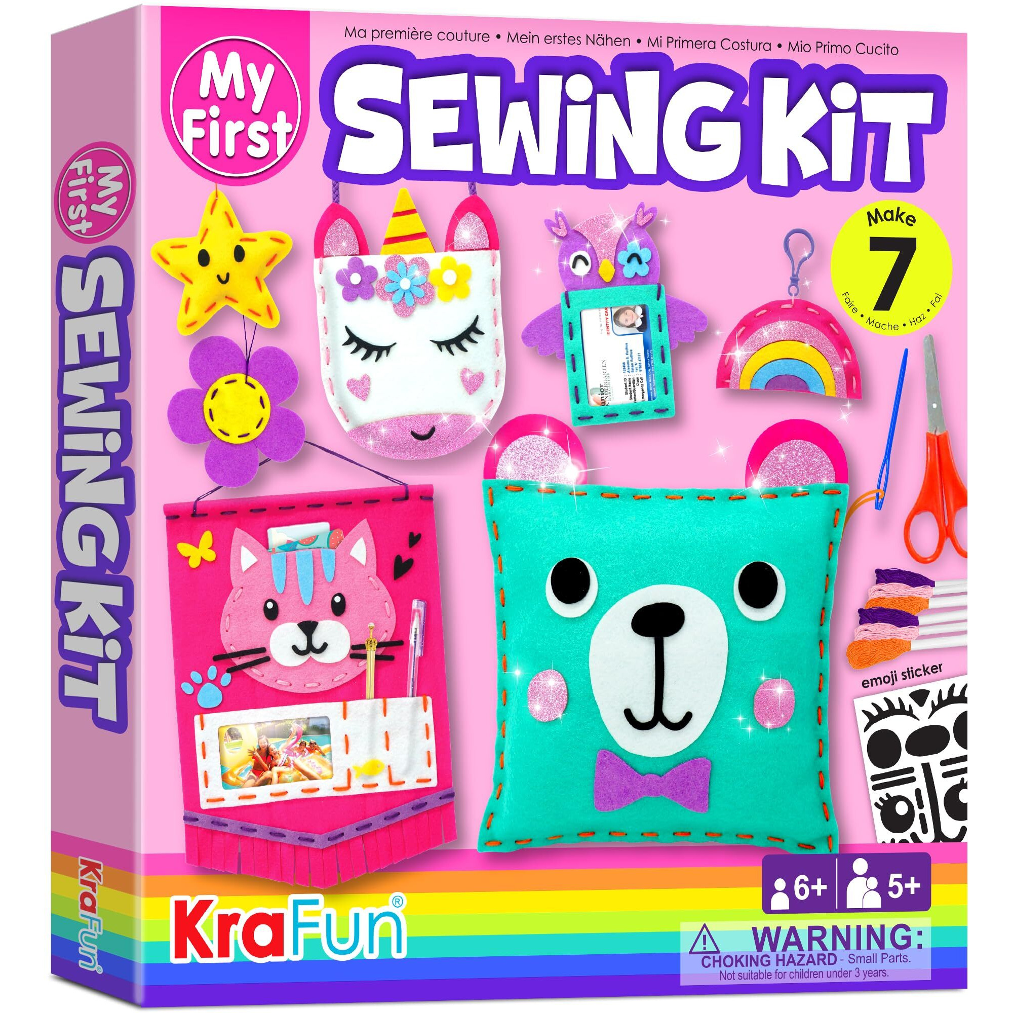 Krafun My First Sewing Kit For Beginner Kids Arts & Crafts, 7 Easy Diy Projects Of Stuffed Animal Dolls And Plush Pillow Craft, Instructions & Felt, Gift For Girls, Boys, Learn To Sew, Embroidery