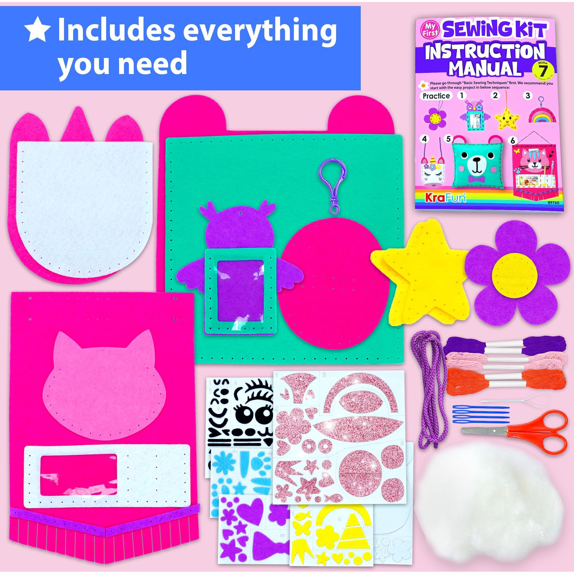 Krafun My First Sewing Kit For Beginner Kids Arts & Crafts, 7 Easy Diy Projects Of Stuffed Animal Dolls And Plush Pillow Craft, Instructions & Felt, Gift For Girls, Boys, Learn To Sew, Embroidery