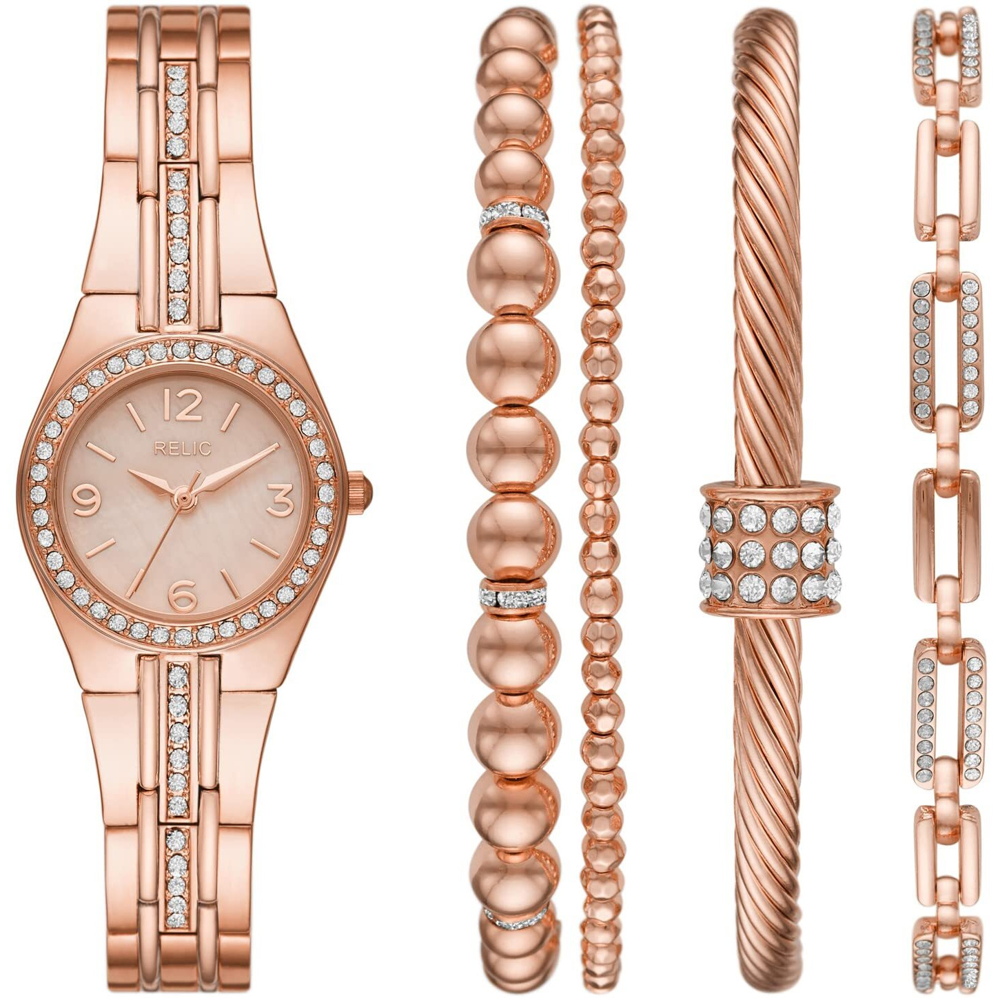 Queen's Court Three-Hand Rose Gold Tone Metal Watch Gift Set With Bracelet Accessories (Model Zr97001)