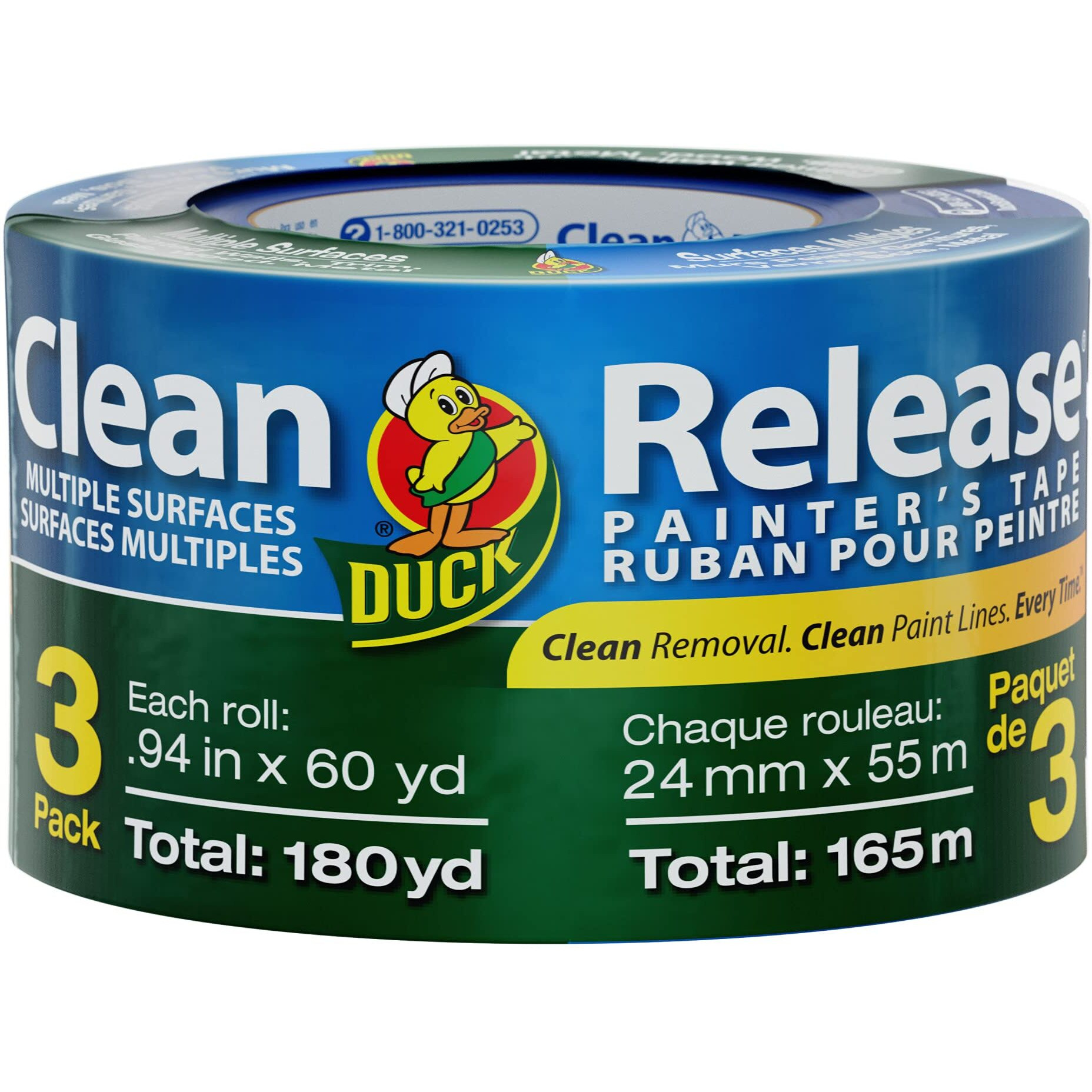 Blue Painter's Tape 1-Inch (0.94-Inch X 60-Yard) Duck Clean Release, Multi-Use, 3 Rolls, 180 Total Yards