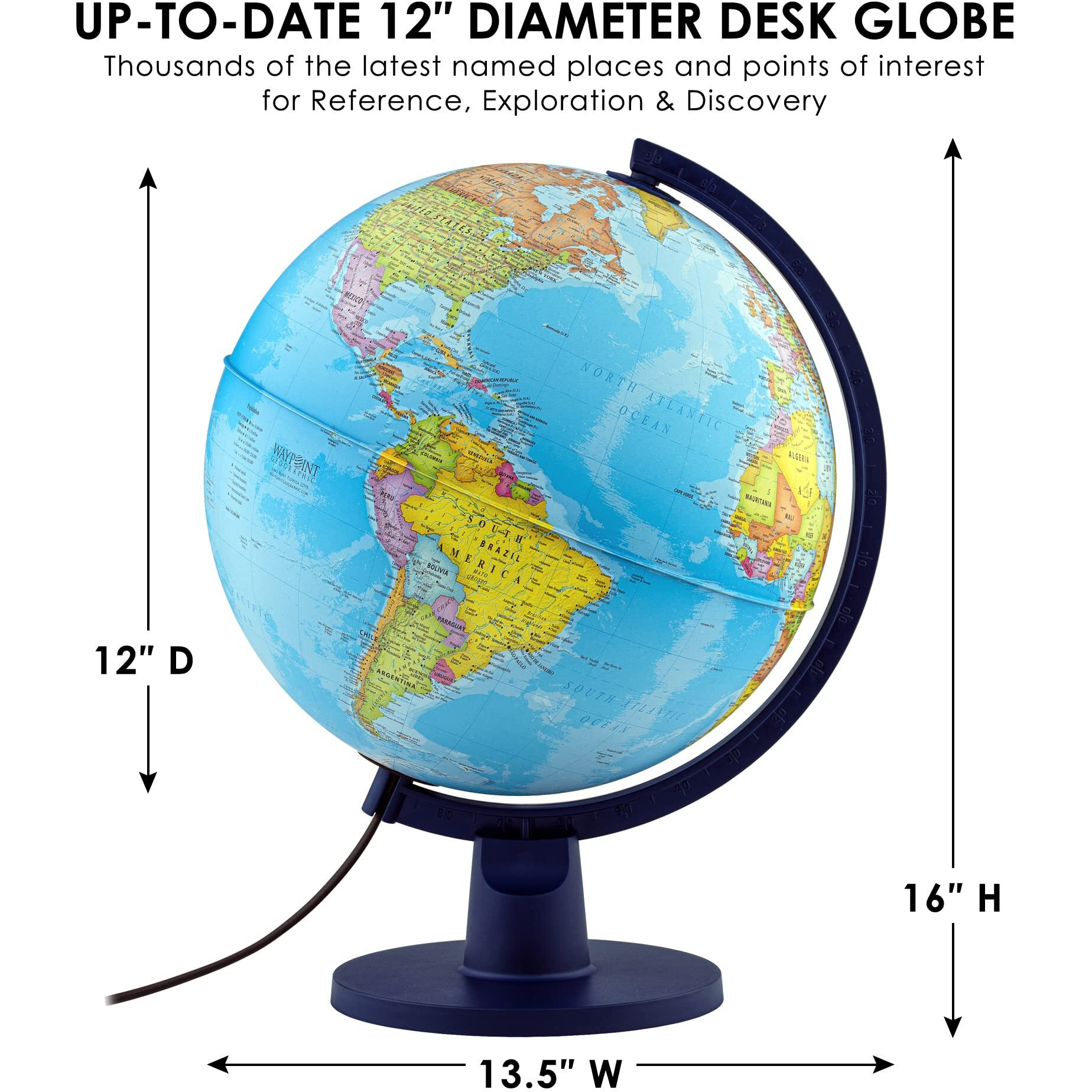 Waypoint Geographic Scout Illuminated, Decorative Classroom Globe With Stand, World Globe With More Than 4000 Places, 12    Interactive Globe With Political Mapping, Blue