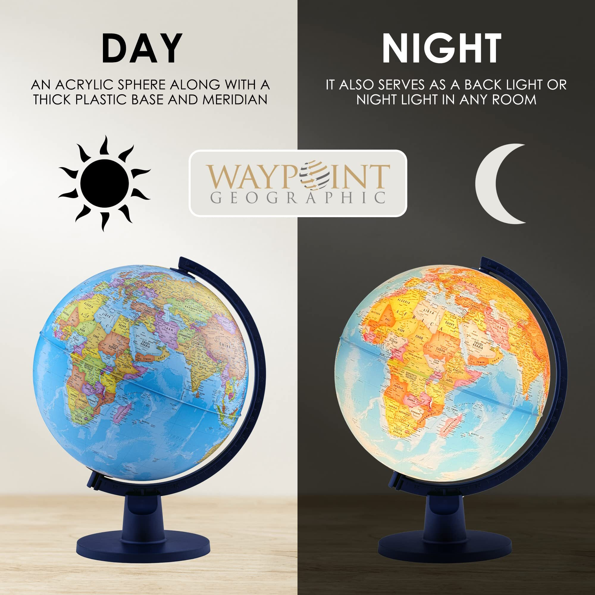 Waypoint Geographic Scout Illuminated, Decorative Classroom Globe With Stand, World Globe With More Than 4000 Places, 12    Interactive Globe With Political Mapping, Blue