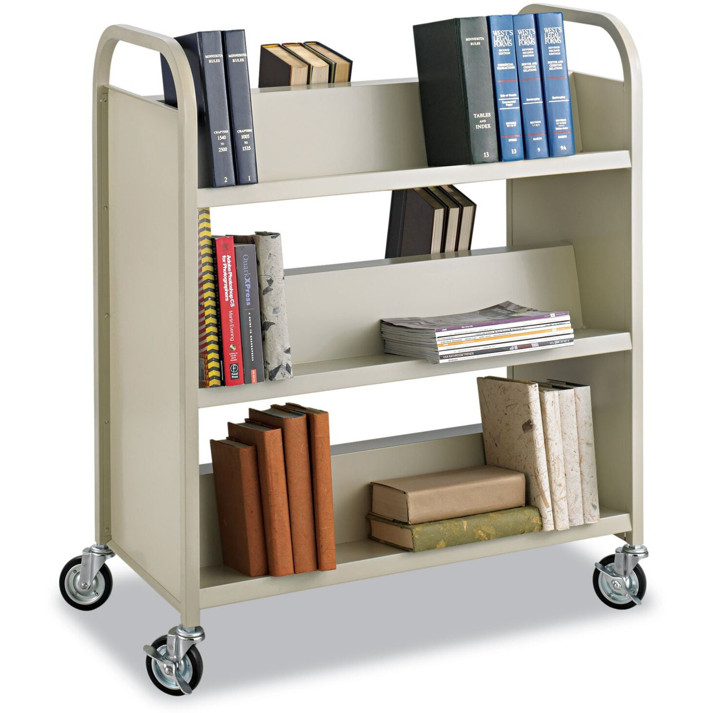 Safco Products 6-Shelf Steel Slant Shelf Double-Sided Book Cart, Sand, Perfect For Library, Office And Home Use