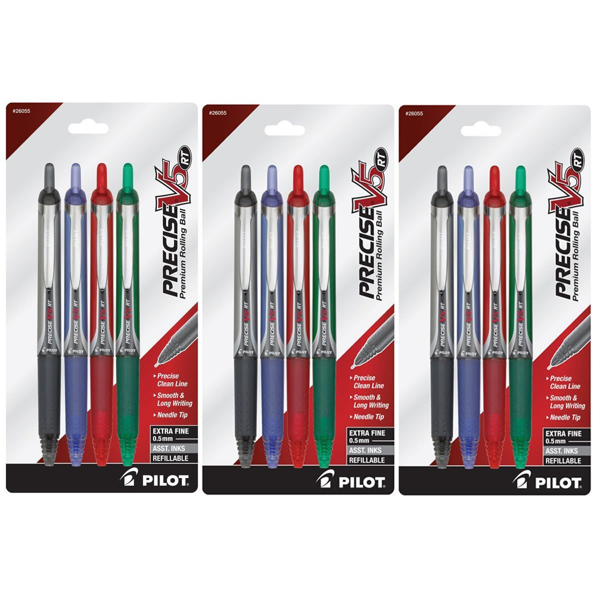 Pilot Precise V5 Rt Retractable Fine Point Rolling Ball Pen, 3 Each Black/Blue/Red/Green Ink, 12-Pack