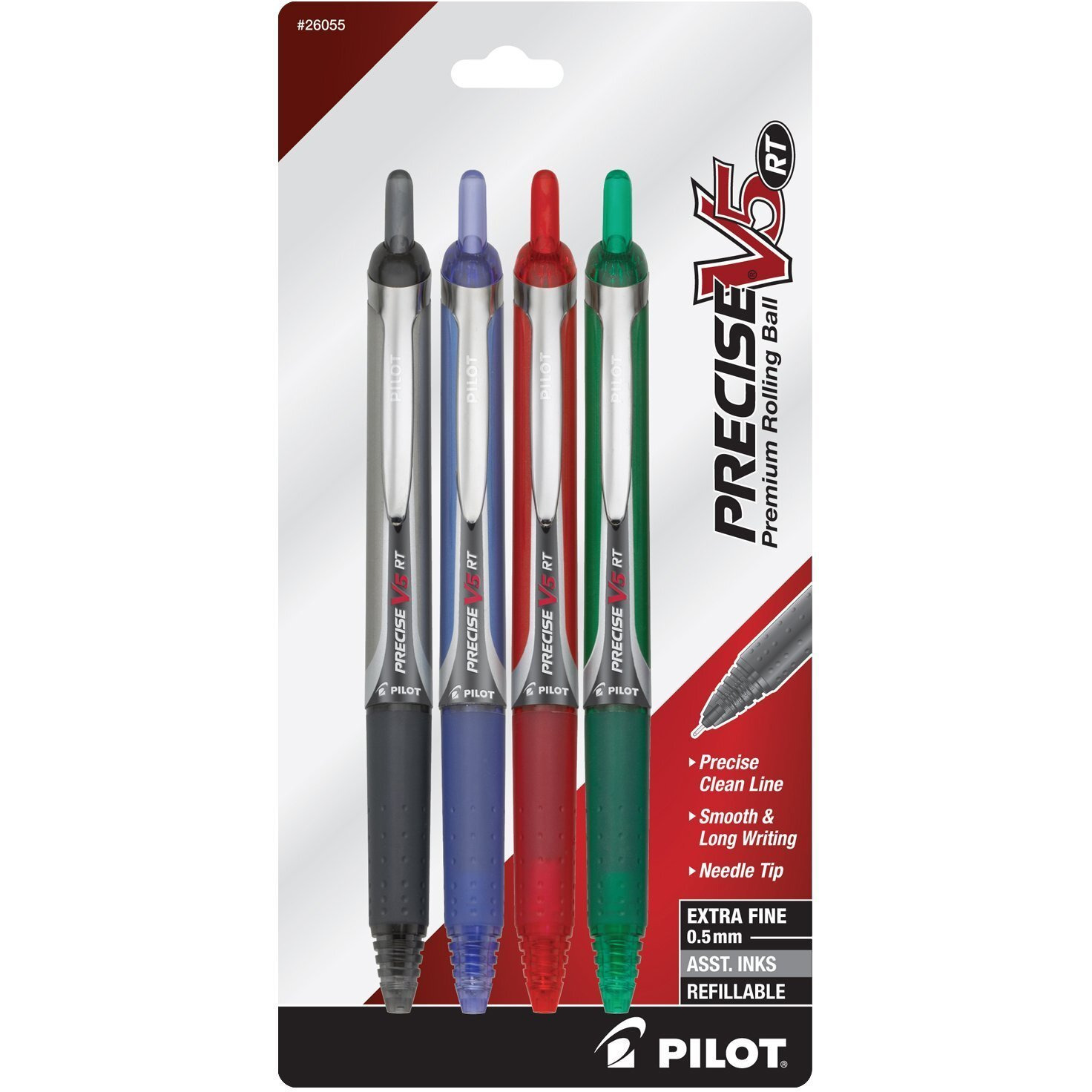 Pilot Precise V5 Rt Retractable Fine Point Rolling Ball Pen, 3 Each Black/Blue/Red/Green Ink, 12-Pack