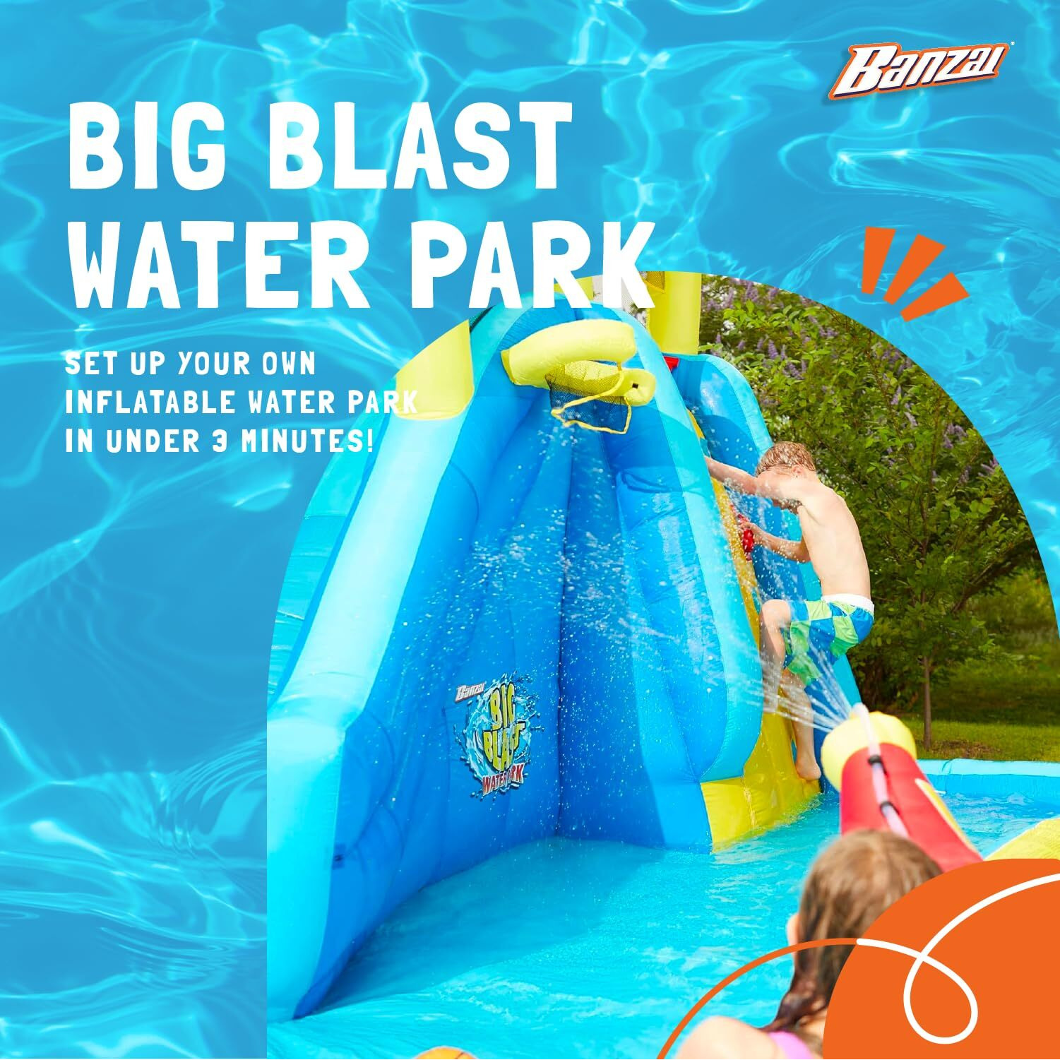 Banzai Big Blast Inflatable Water Park With Water Cannon, Basketball Hoop, And Climbing Wall
