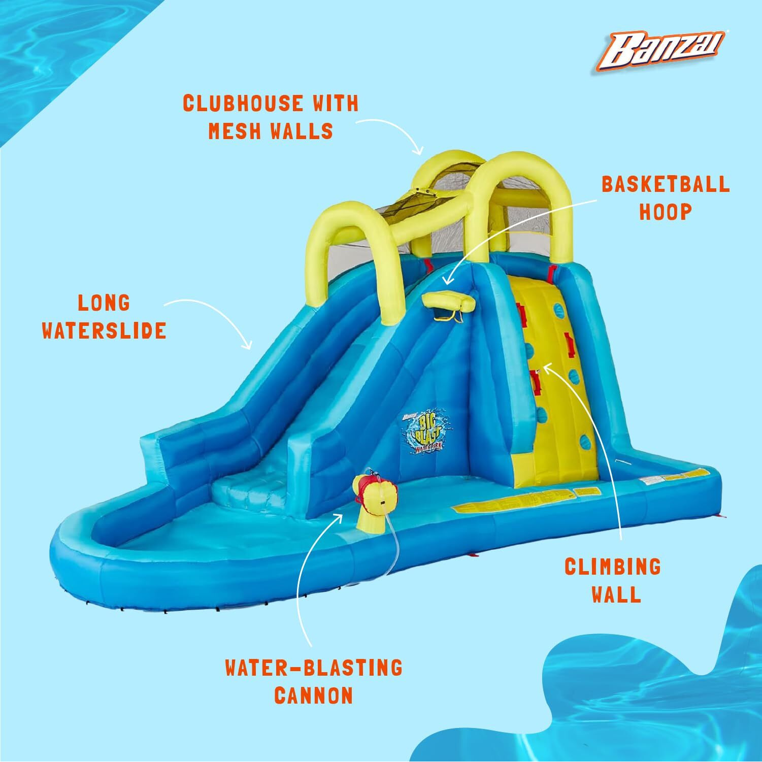 Banzai Big Blast Inflatable Water Park With Water Cannon, Basketball Hoop, And Climbing Wall