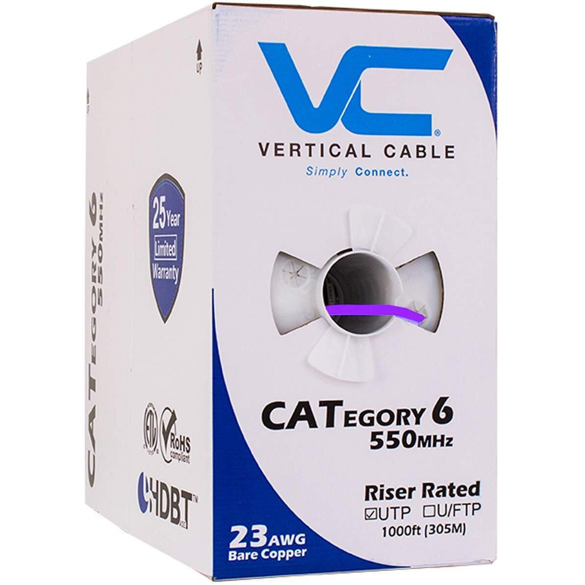 Vertical Cable Cat6, 550 Mhz, Utp, 23Awg, Solid Bare Copper,1000Ft, Bulk Ethernet Cable - 060 Series, Purple
