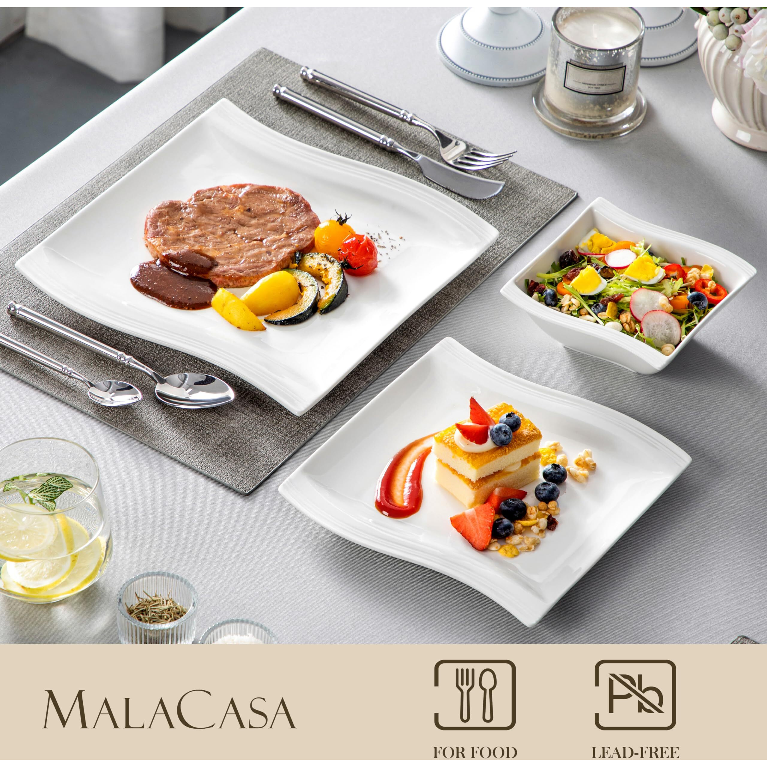 Malacasa Plates And Bowls Sets, 26 Pieces Ivory White Square Dinnerware Sets Without Mugs, Porcelain Dinnerware With Dinner Plates, Bowls And Serving Platters, Modern Dish Set For 6, Series Flora