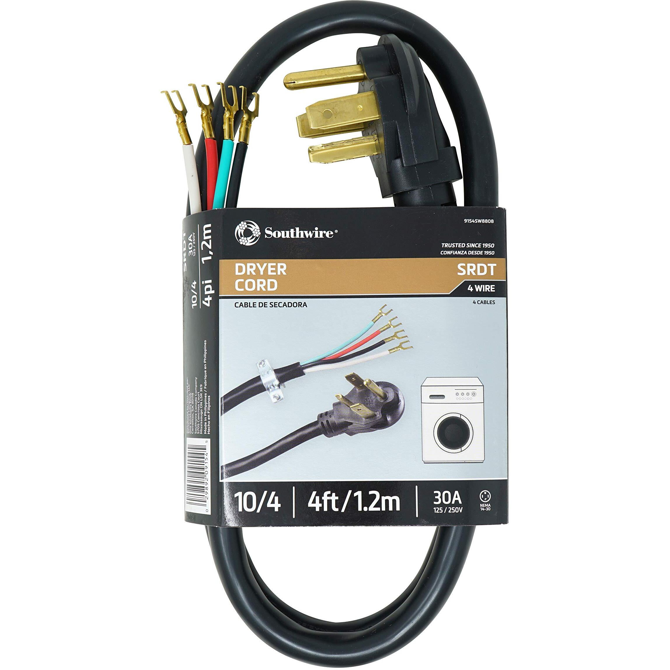 Southwire 9154Sw8808 Dryer Power Cord 4-Foot 1/4-Inch Flanged Terminals Flat Plug Compatible With Most Standard Dryers With A 3 Conductor Wall Outlet 125/250-Volt 30-Amp