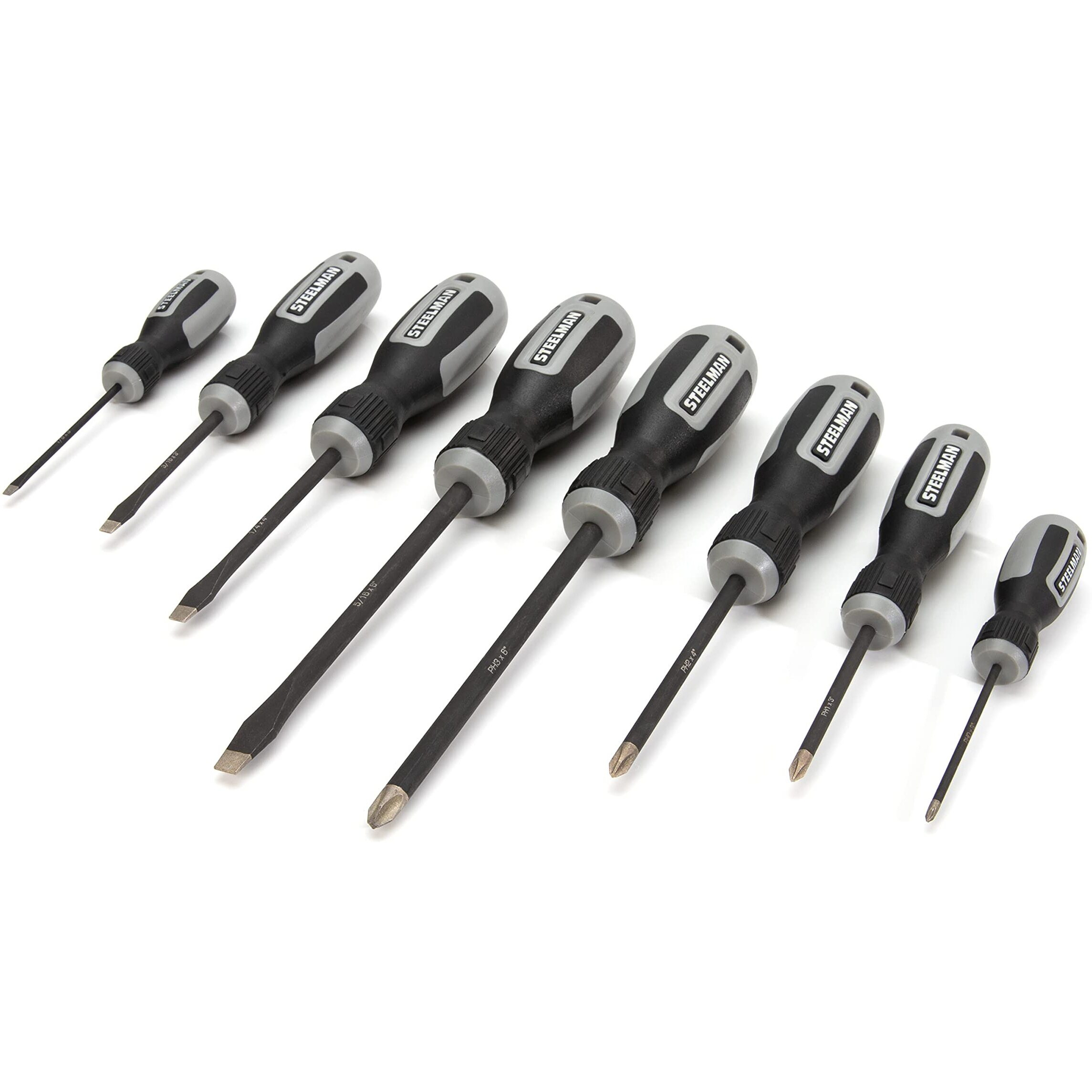 Steelman 8-Piece Diamond Tip Screwdriver Set, Variety Of Slotted And Phillips Sizes, Magnetized Tips, Durable Steel, Rust-Resistant Black Oxide Coating
