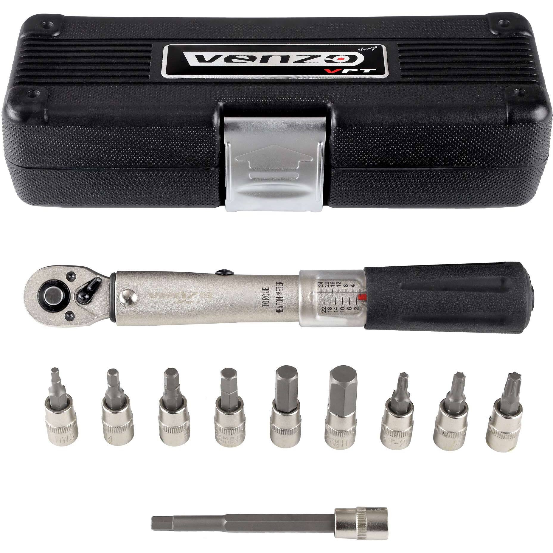 Venzo Bicycle Bike 1/4 Inch Driver - Torque Wrench Allen Key Tools Socket Set Kit 2-24Nm - Small Adjustable