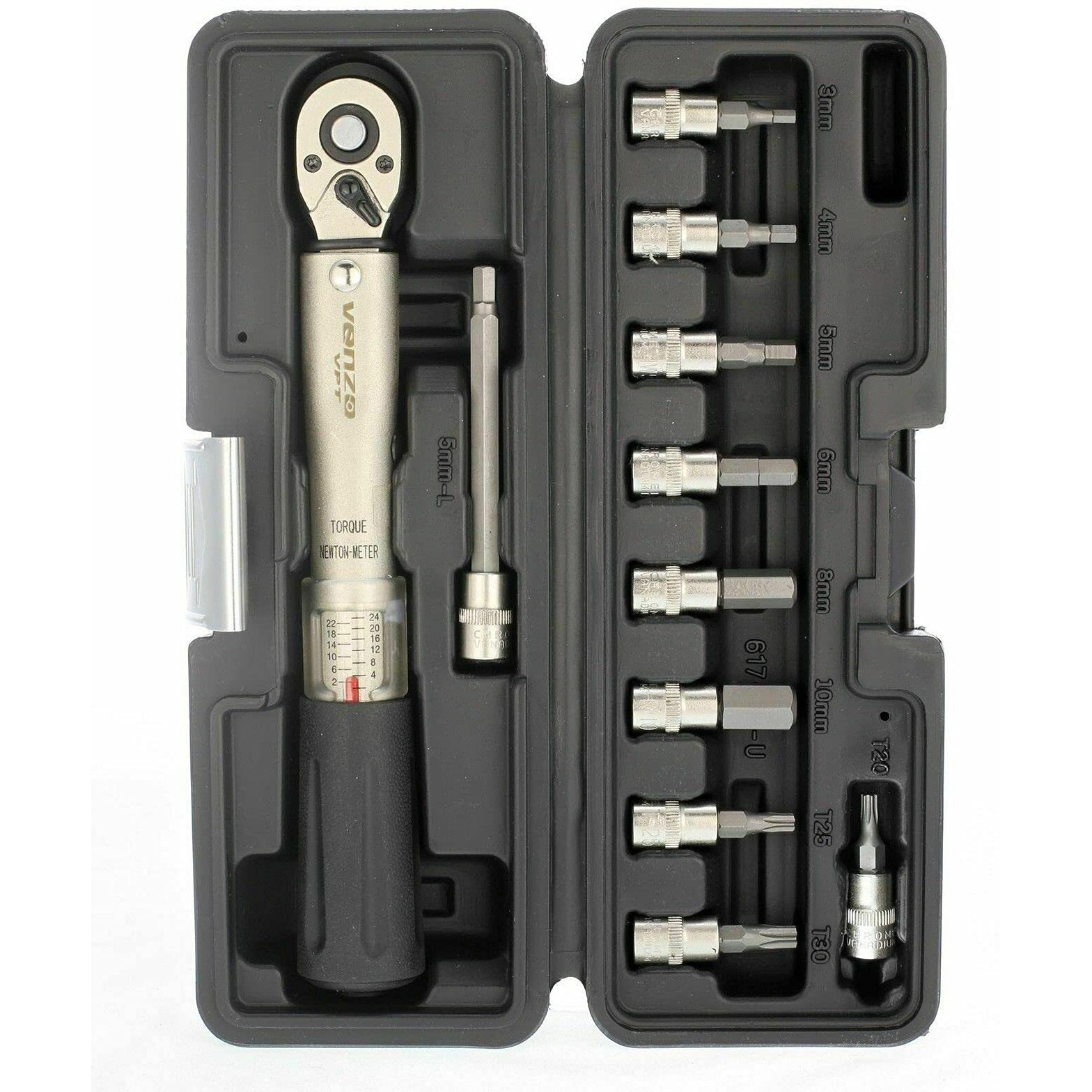 Venzo Bicycle Bike 1/4 Inch Driver - Torque Wrench Allen Key Tools Socket Set Kit 2-24Nm - Small Adjustable