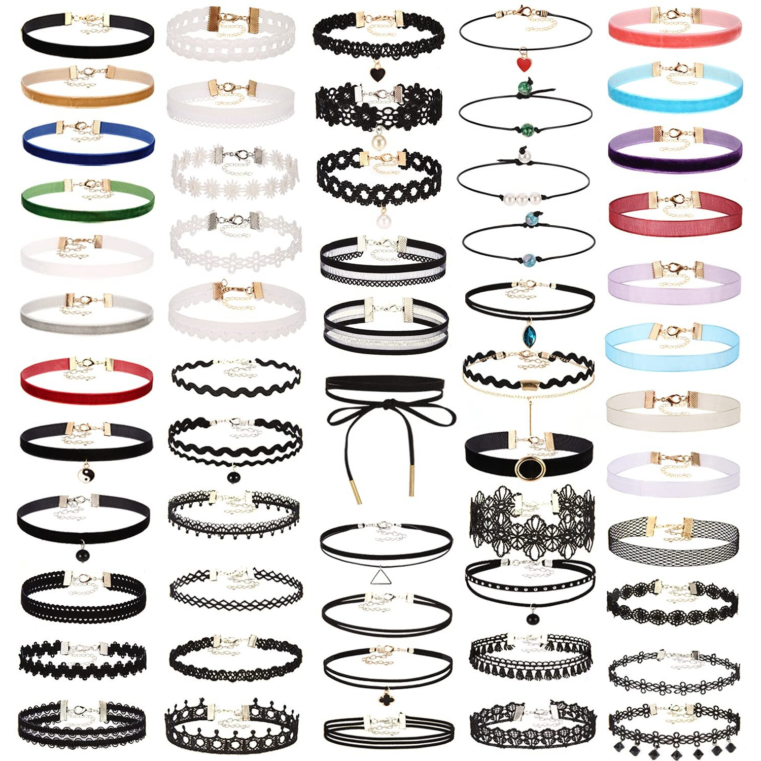 K&Q 56 Pcs Choker Necklace, Classic Colorful Gothic Collar Choker Necklace And Black Cute Lace Velvet Choker Necklace Set For Girls And Women