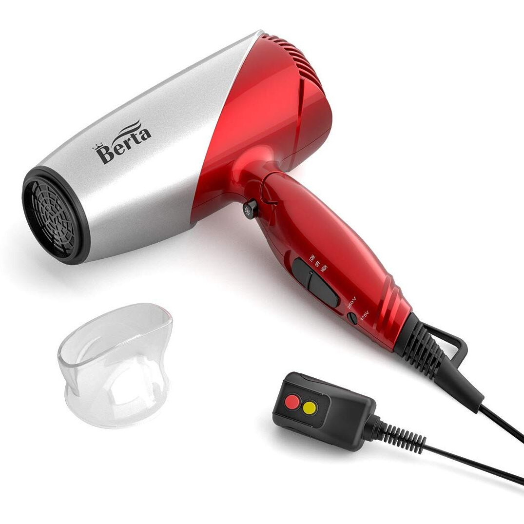 Berta 1875W Folding Hair Dryer Dual Voltage Blow Dryer Negative Ions Travel Dryer With 2 Heat 2 Speed Setting, Red