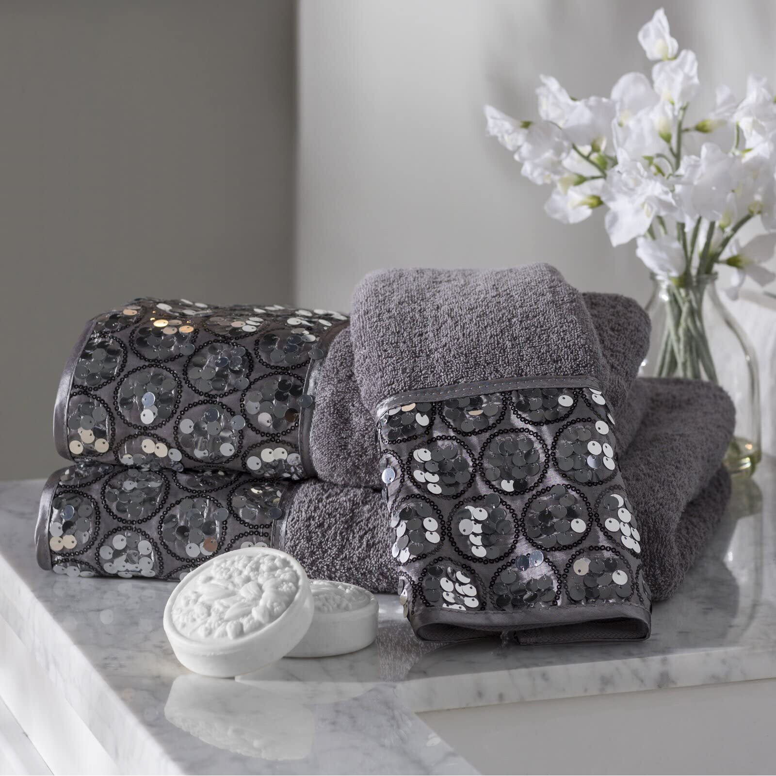 Popular Bath Sinatra Modern Bathroom Towel Set 3 Piece Bath, Hand And Wash Towel Luxury Contemporary Decor Bling , Soft, Plush And Highly Absorbent, Silver
