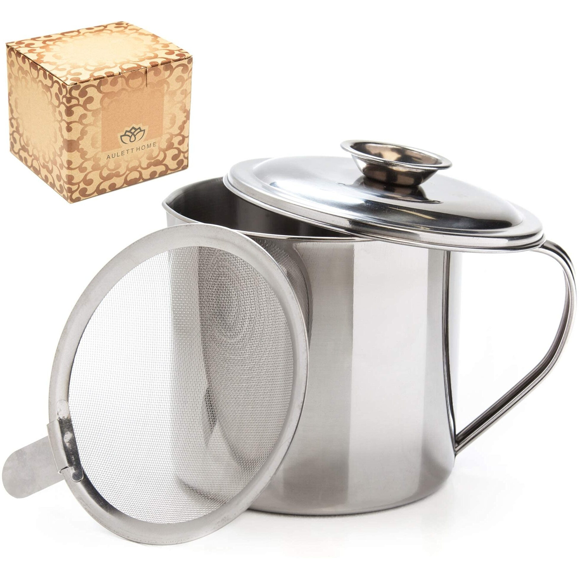Aulett Home Bacon Fat Container With Oil Strainer - Storing Fats, Cooking Oil, Drippings - Oil Separator For Cooking - 1.25 Quart Or 5 Cups Stainless Steel Grease Keeper With Oil Fat Separator