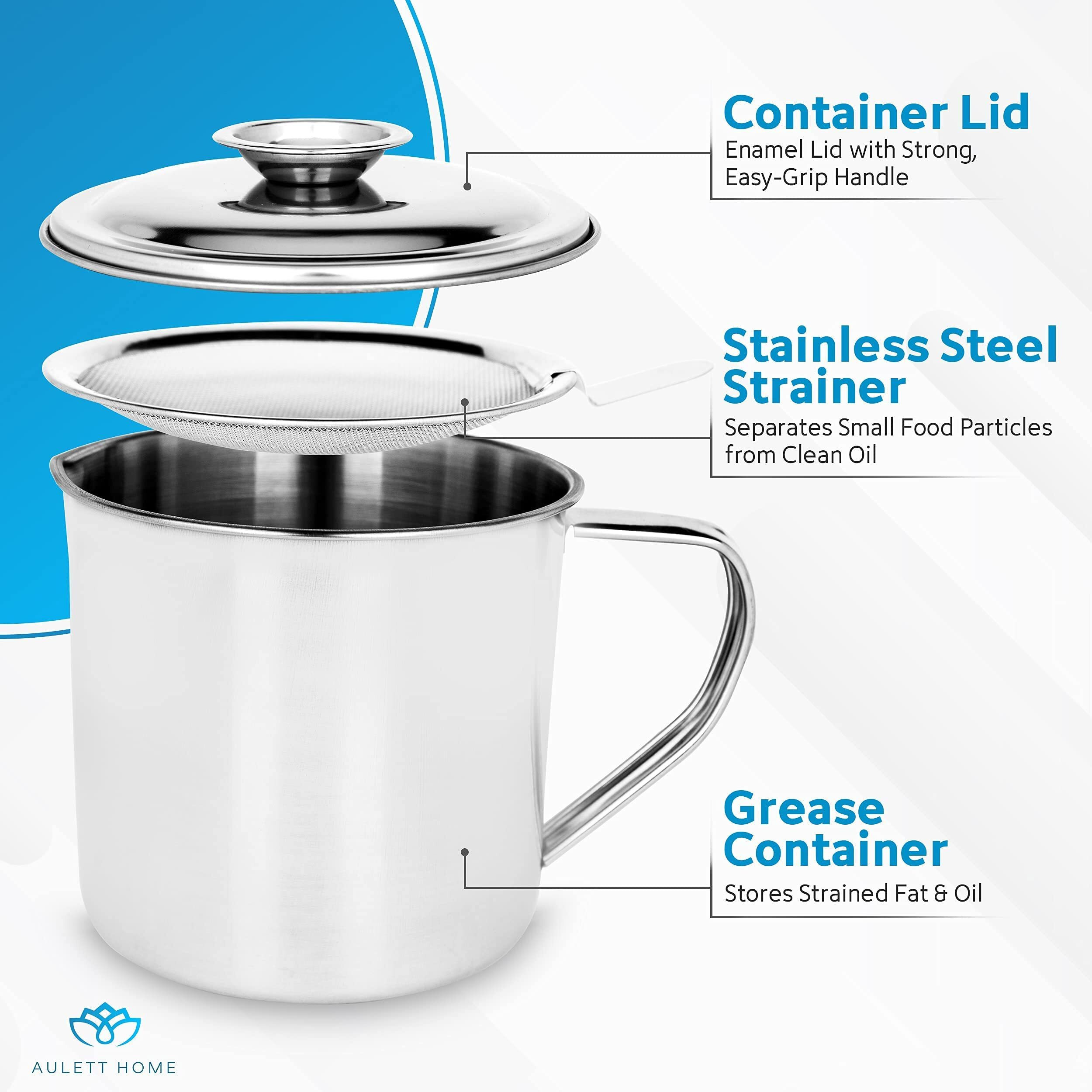 Aulett Home Bacon Fat Container With Oil Strainer - Storing Fats, Cooking Oil, Drippings - Oil Separator For Cooking - 1.25 Quart Or 5 Cups Stainless Steel Grease Keeper With Oil Fat Separator