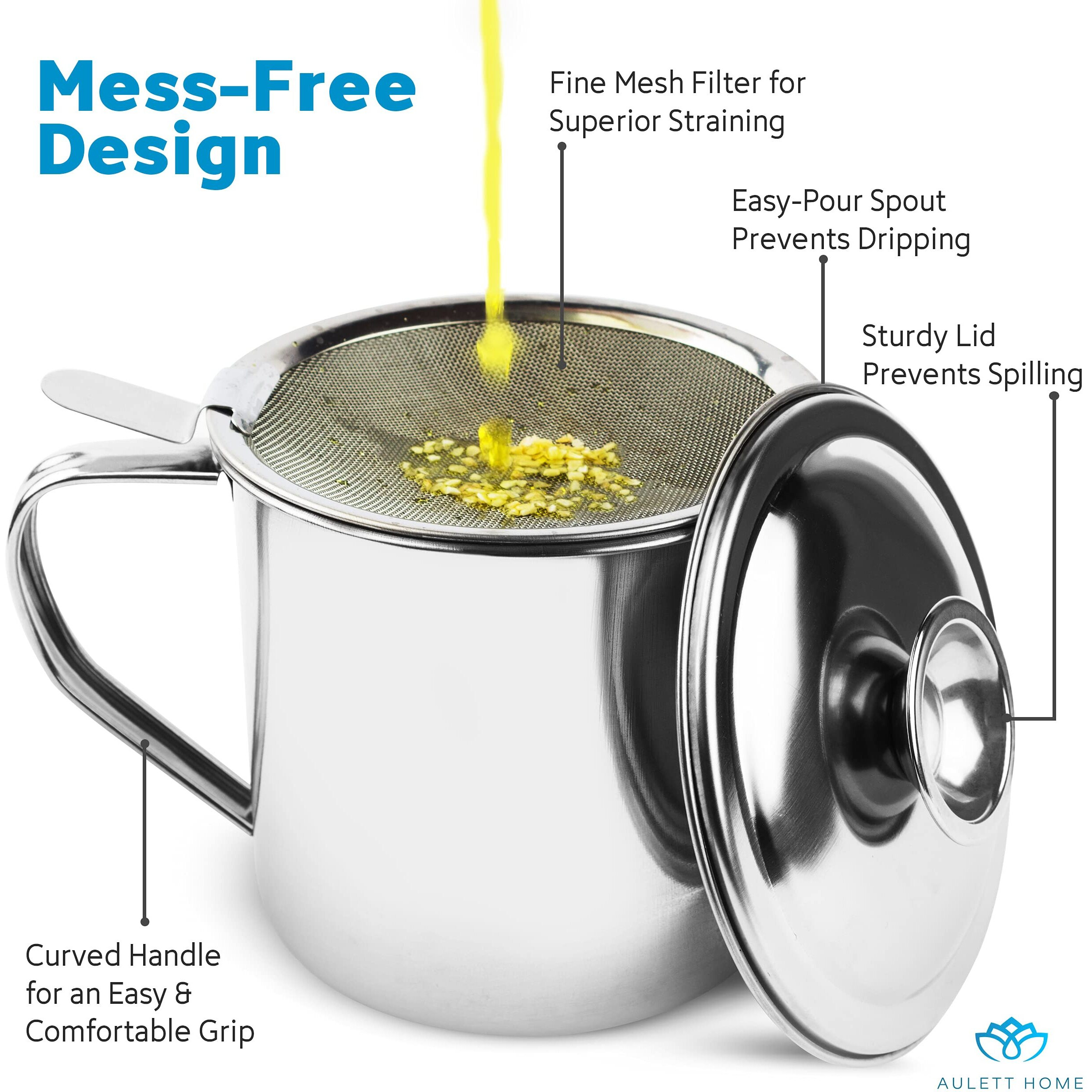 Aulett Home Bacon Fat Container With Oil Strainer - Storing Fats, Cooking Oil, Drippings - Oil Separator For Cooking - 1.25 Quart Or 5 Cups Stainless Steel Grease Keeper With Oil Fat Separator