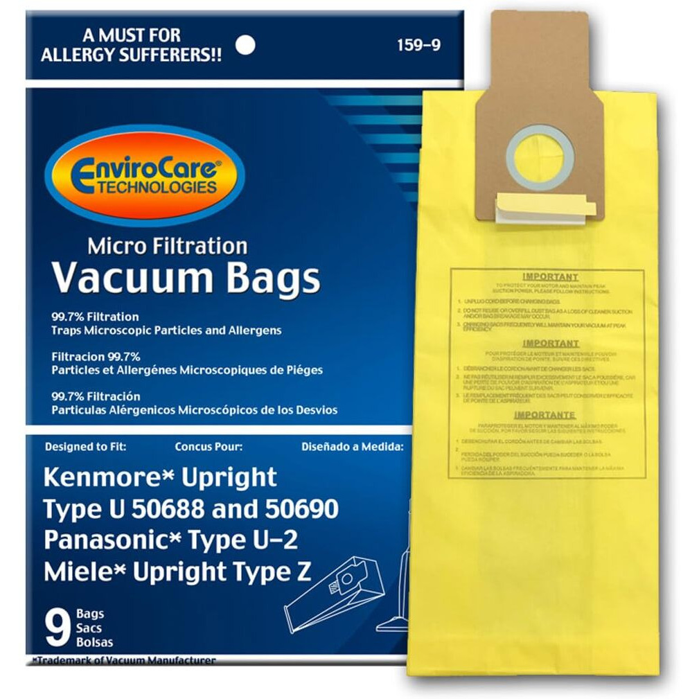 Envirocare Replacement Micro Filtration Vacuum Cleaner Dust Bags Made To Fit Kenmore Upright Type U/L/O 50688 And 50690, Panasonic Type U-2, Miele Type Z. 9 Pack