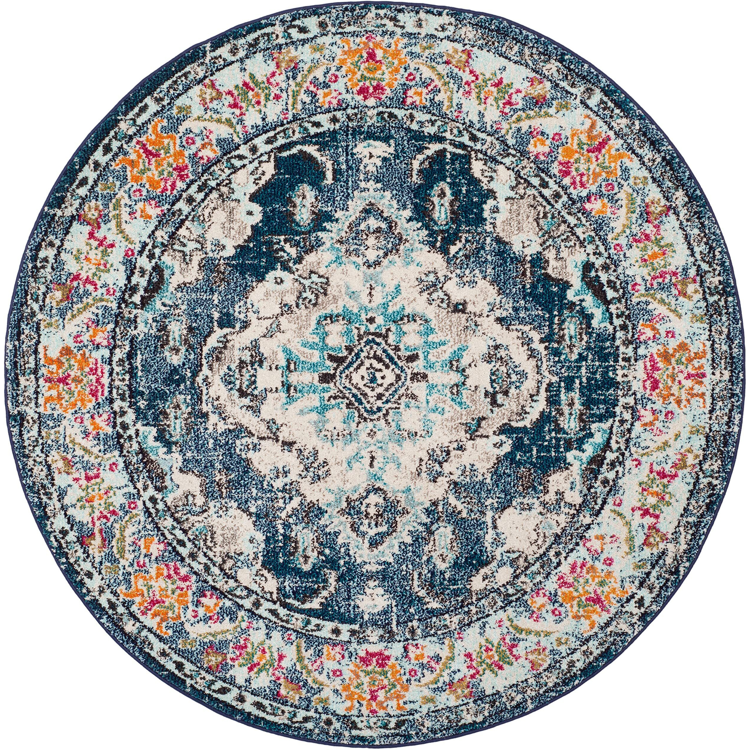 Safavieh Monaco Collection Area Rug - 3' Round, Navy & Light Blue, Boho Chic Medallion Distressed Design, Non-Shedding & Easy Care, Ideal For High Traffic Areas In Living Room, Bedroom (Mnc243N)