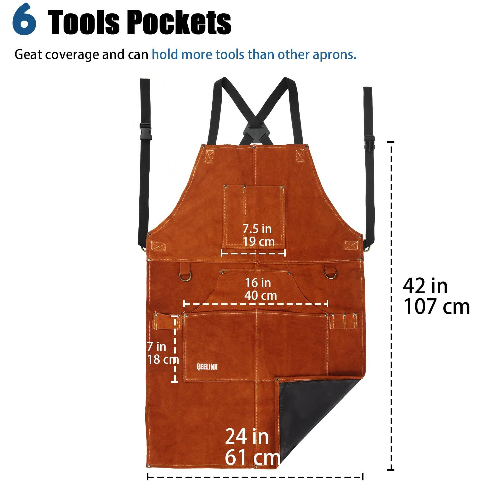 Qeelink Leather Welding Apron With 6 Pockets - Heat & Flame-Resistant Apron, 24'' X 42'', Adjustable M To Xxxl