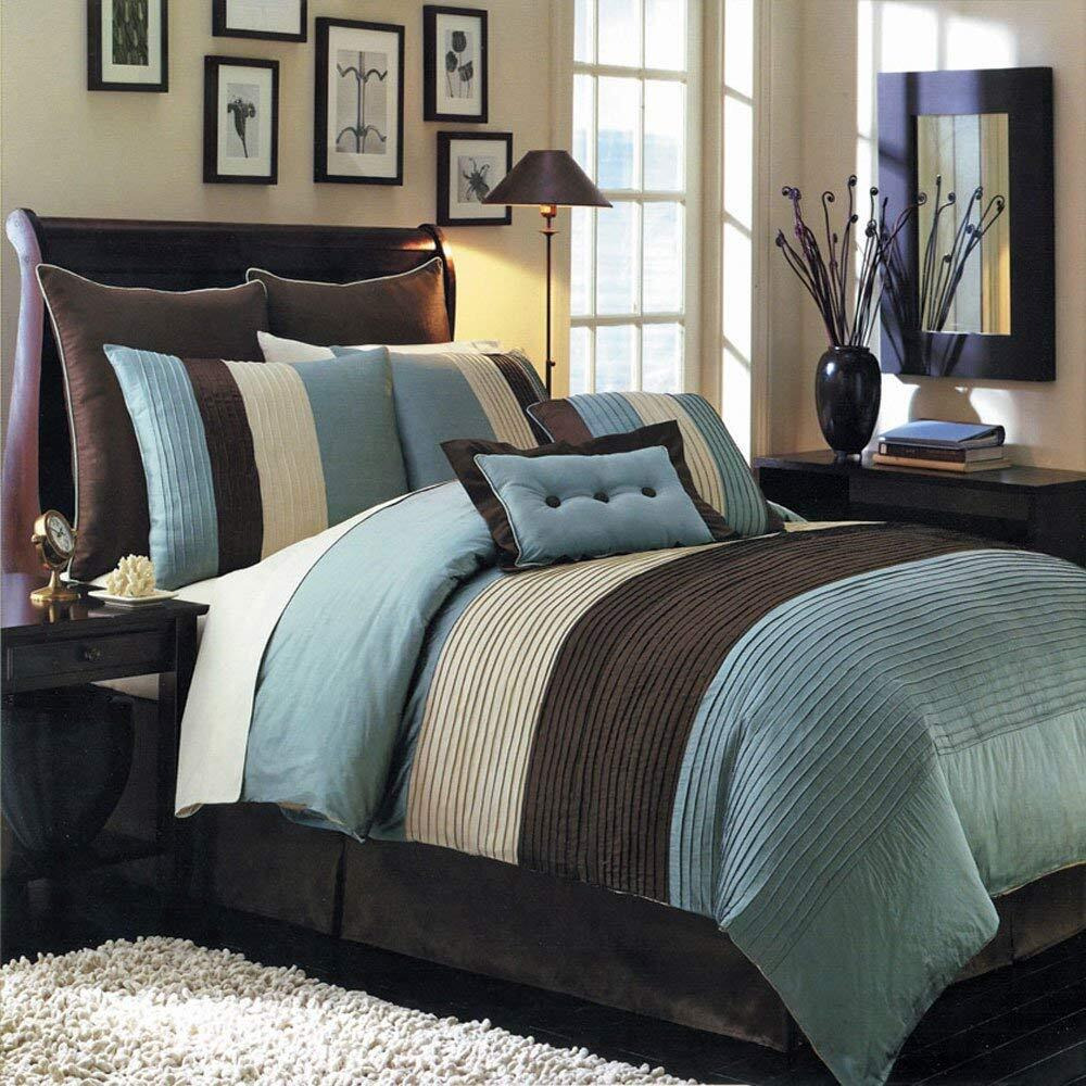 Royal Hotel Bedding Hudson Teal-Blue, Brown, And Cream King Size Luxury 8 Piece Comforter Set Includes Comforter, Bed Skirt, Pillow Shams, Decorative Pillows