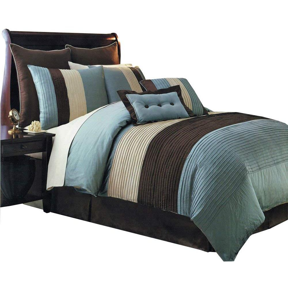 Royal Hotel Bedding Hudson Teal-Blue, Brown, And Cream King Size Luxury 8 Piece Comforter Set Includes Comforter, Bed Skirt, Pillow Shams, Decorative Pillows