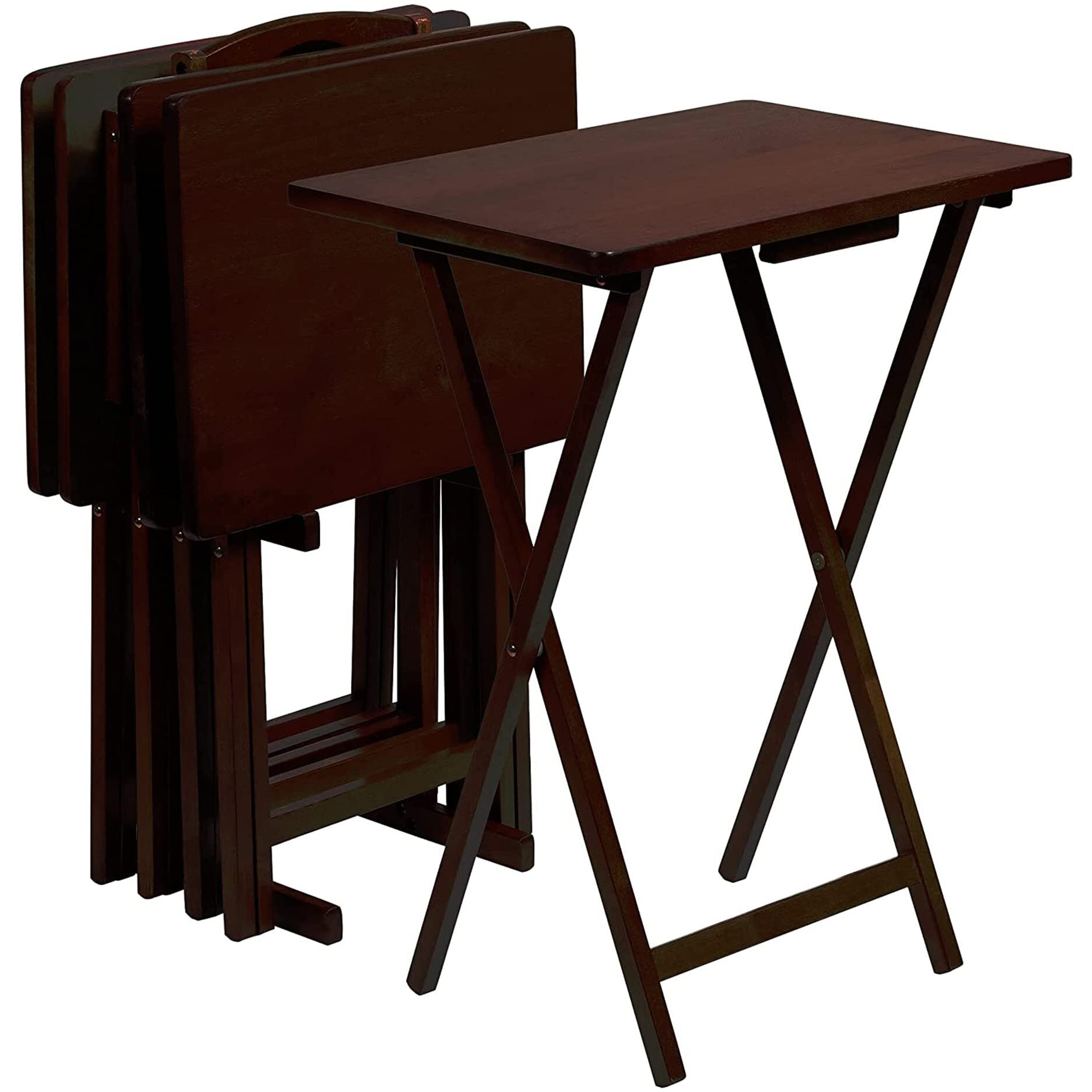 Pj Wood Lightweight Rectangular Solid Wooden Indoor Home Folding Tv Snack Tray Portable Tables With Compact Storage Rack, Espresso (5 Piece Set)