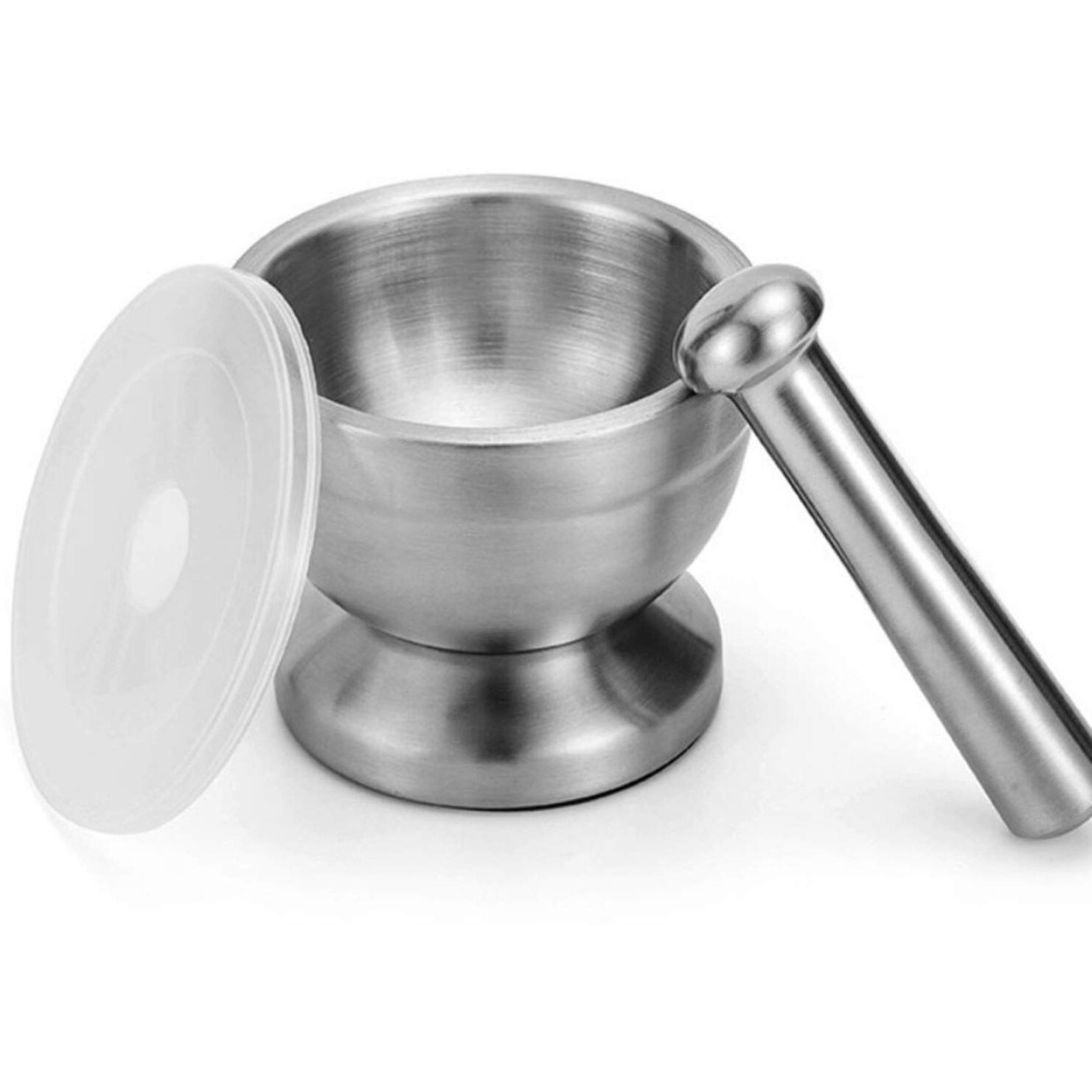 Bekith Mortar And Pestle Sets 18/8 Brushed Stainless Steel Spice Grinder Pill Crusher Molcajete Herb Bowl