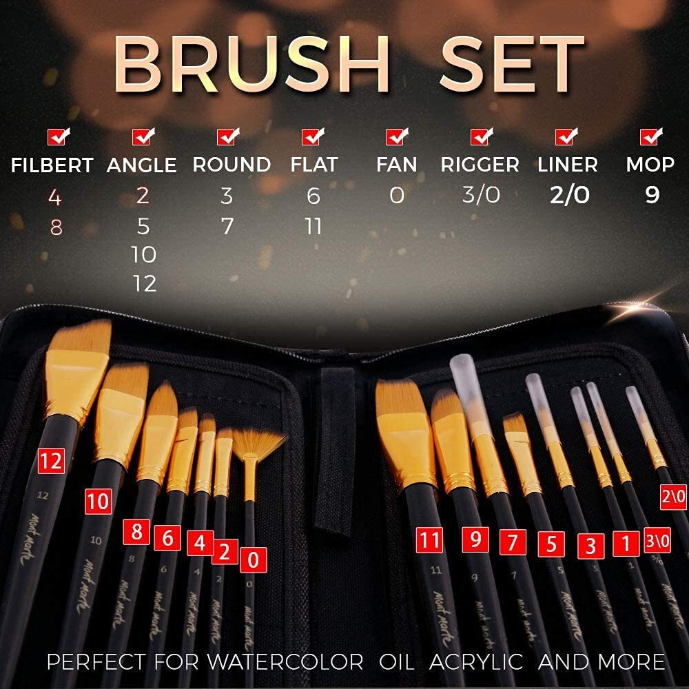 Mont Marte Art Paint Brushes Set, Great For Watercolor, Acrylic, Oil-15 Different Sizes Nice Gift For Artists, Adults & Kids