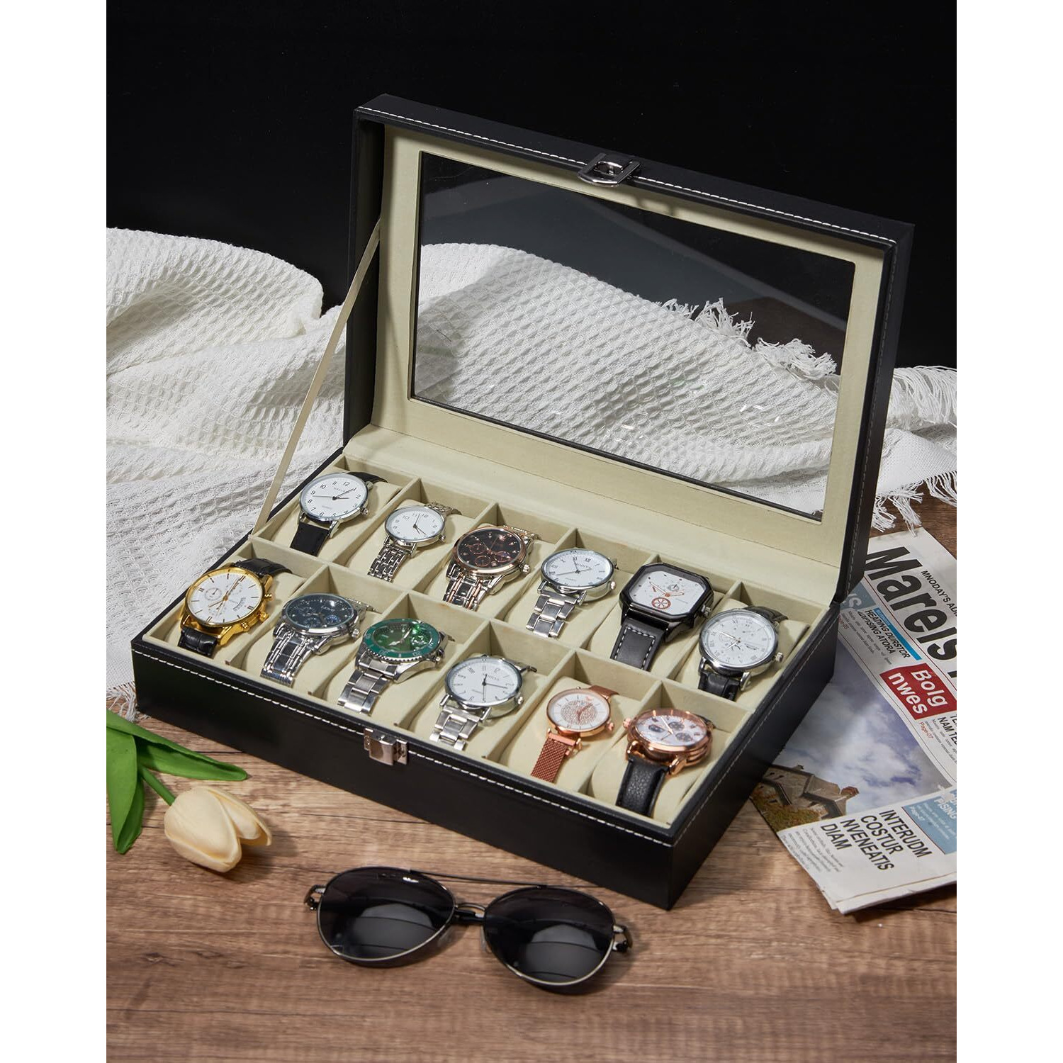 Ohuhu Watch Cases For Men, Watch Box Watch Holder Watch Organizer Display Storage 12 Slot Pu Leather Real Glass Lid Soft Velvet Jewelry Box For Men And Women Perfect Birthday Gifts