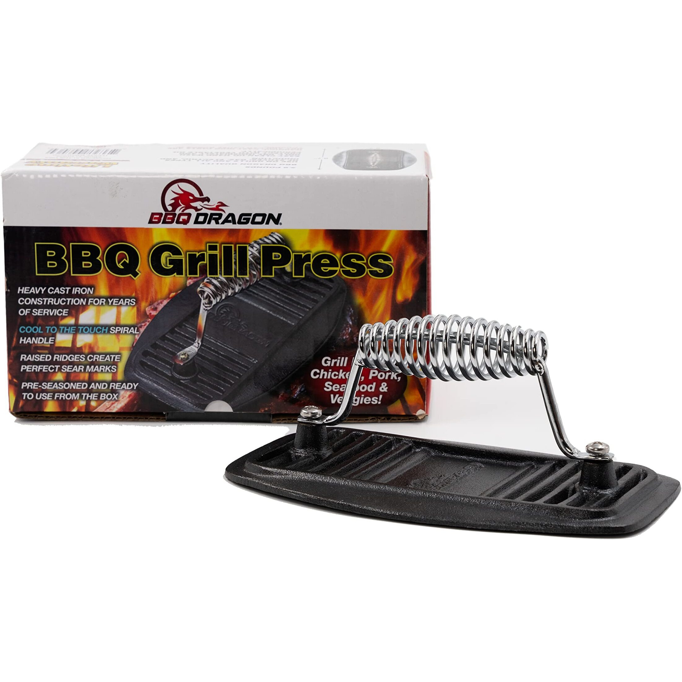Bbq Dragon Cast Iron Press - Heavy-Duty Burger & Bacon Press, Ideal For Grilling, Paninis, & Steaks - Removes Unwanted Fat, Pre-Seasoned, 2.9 Lbs - Best Grill Accessory For Healthy Cooking