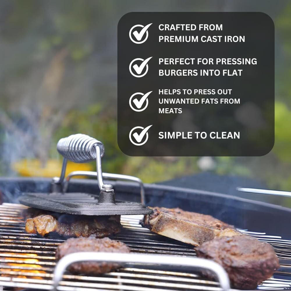 Bbq Dragon Cast Iron Press - Heavy-Duty Burger & Bacon Press, Ideal For Grilling, Paninis, & Steaks - Removes Unwanted Fat, Pre-Seasoned, 2.9 Lbs - Best Grill Accessory For Healthy Cooking