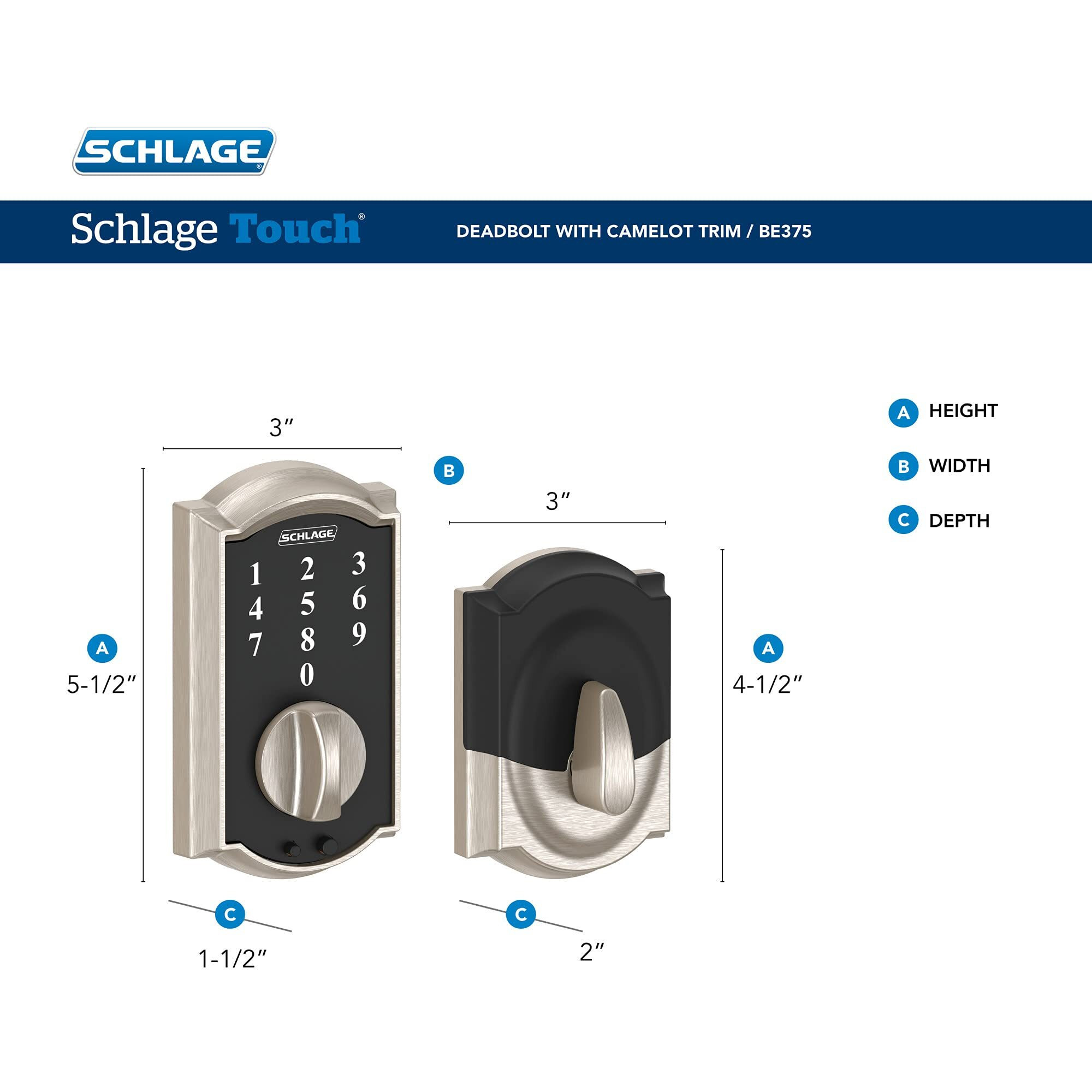 Schlage Be375 Cam 619 Touch Camelot Deadbolt, Electronic Keyless Entry Lock, Satin Nickel