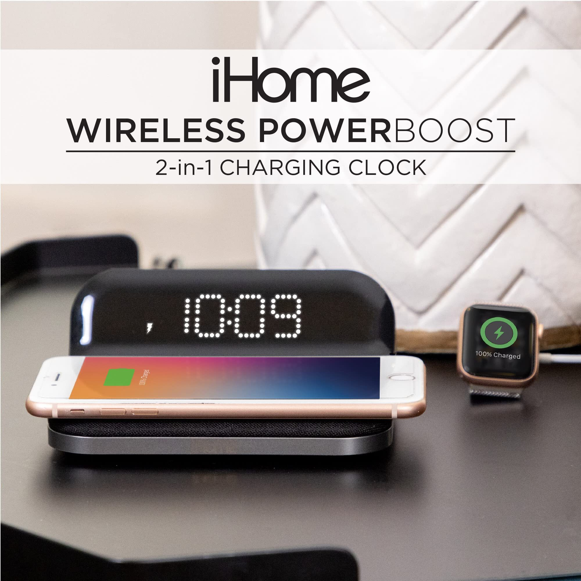 Ihome Wireless Charger With Alarm Clock And Usb Charger, Compact Digital Alarm Clock For Bedroom, Home Office, Or Dorm (Iw18)