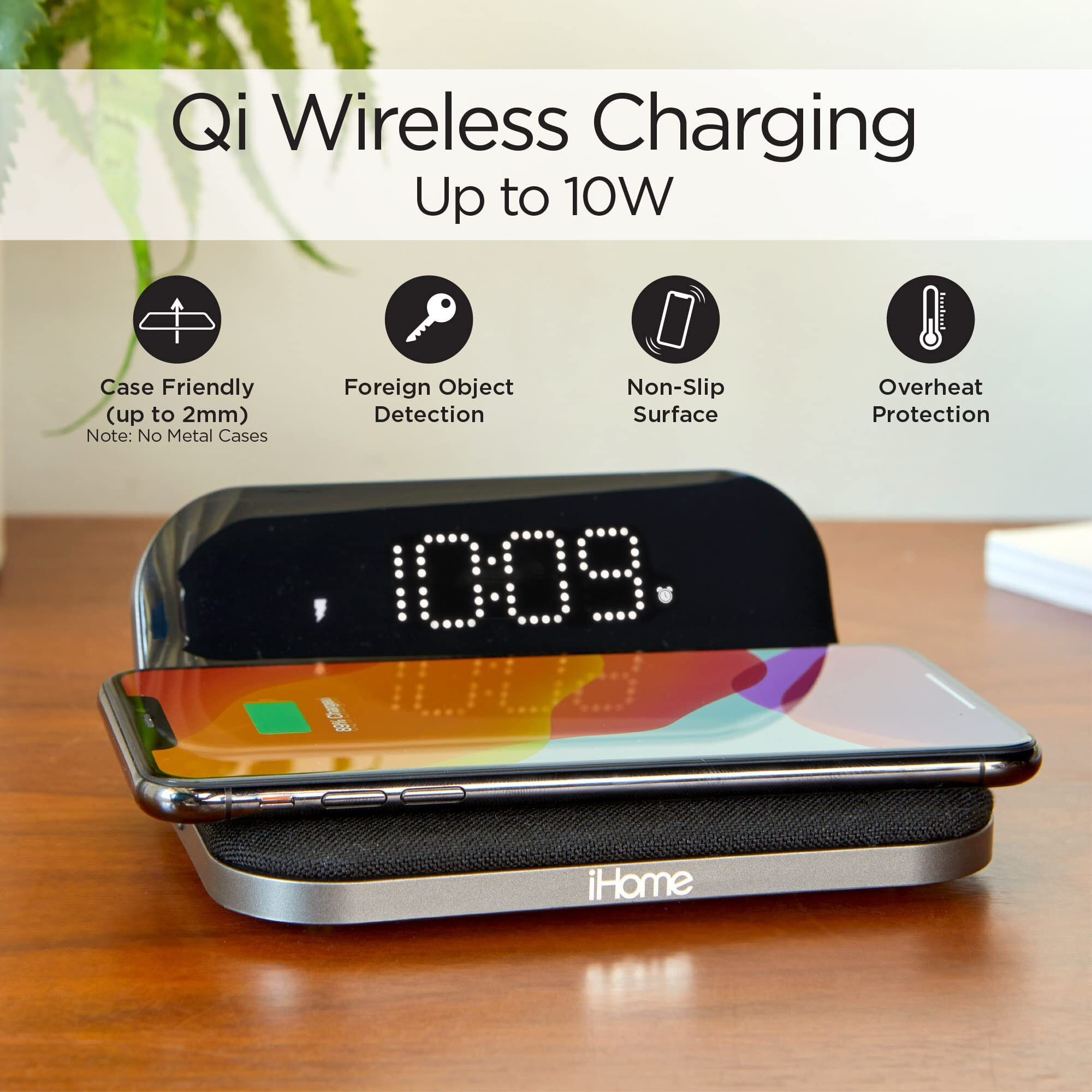 Ihome Wireless Charger With Alarm Clock And Usb Charger, Compact Digital Alarm Clock For Bedroom, Home Office, Or Dorm (Iw18)