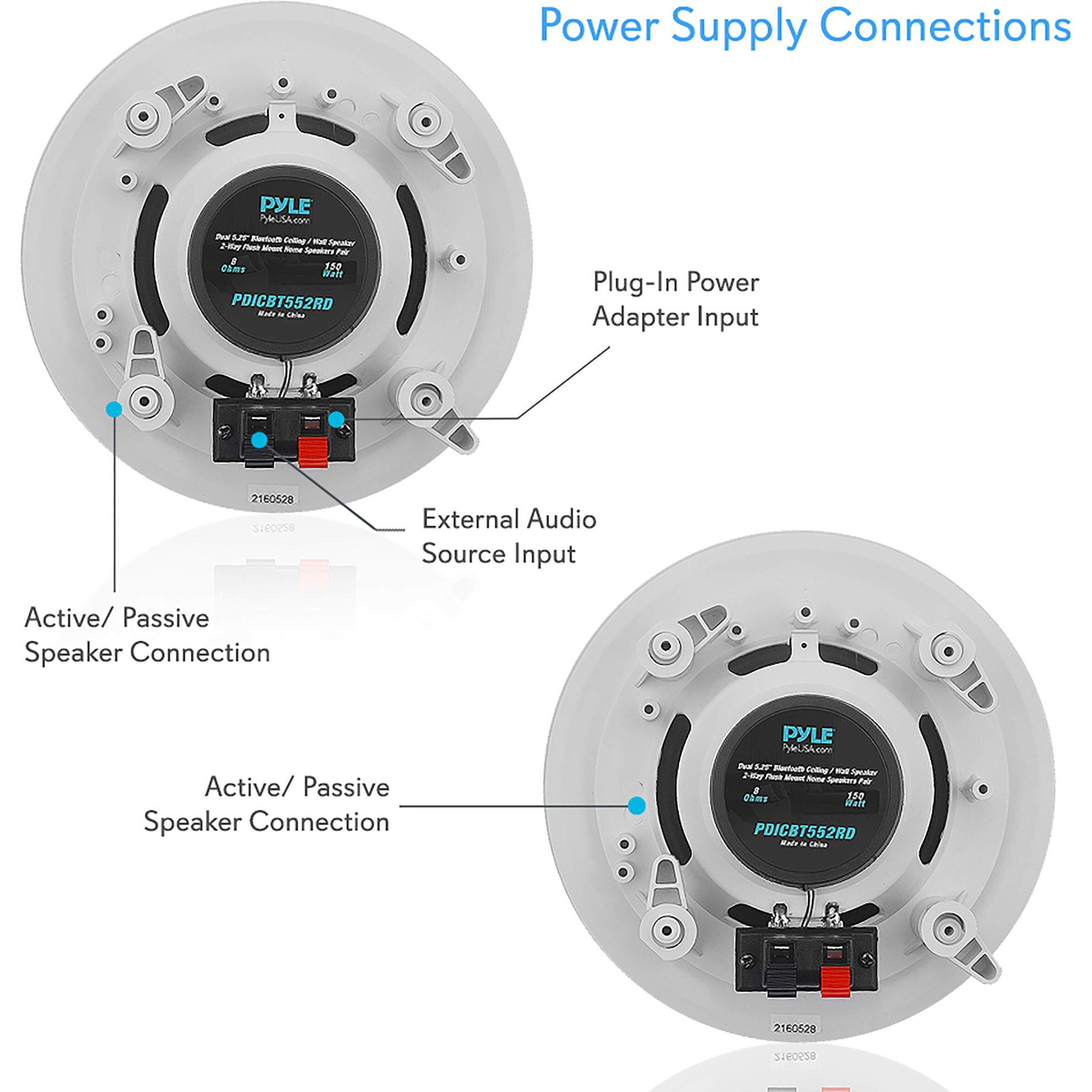 Pyle 5.25    Pair Bluetooth Flush Mount In-Wall In-Ceiling 2-Way Speaker System Quick Connections Changeable Round/Square Grill Polypropylene Cone & Polymer Tweeter Stereo Sound 150 Watt (Pdicbt552Rd)