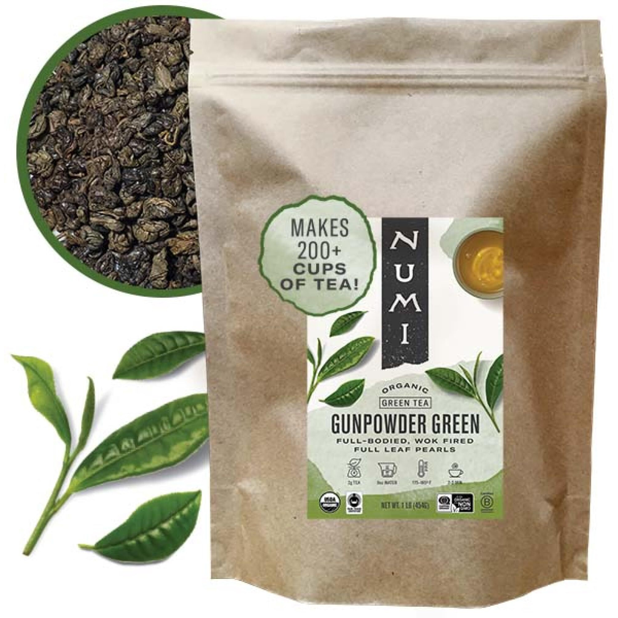 Numi Organic Gunpowder Green Tea, 16 Ounce Pouch, Full-Bodied Loose Leaf Green Tea Pearls, Brew 200 Cups, Packaging May Vary
