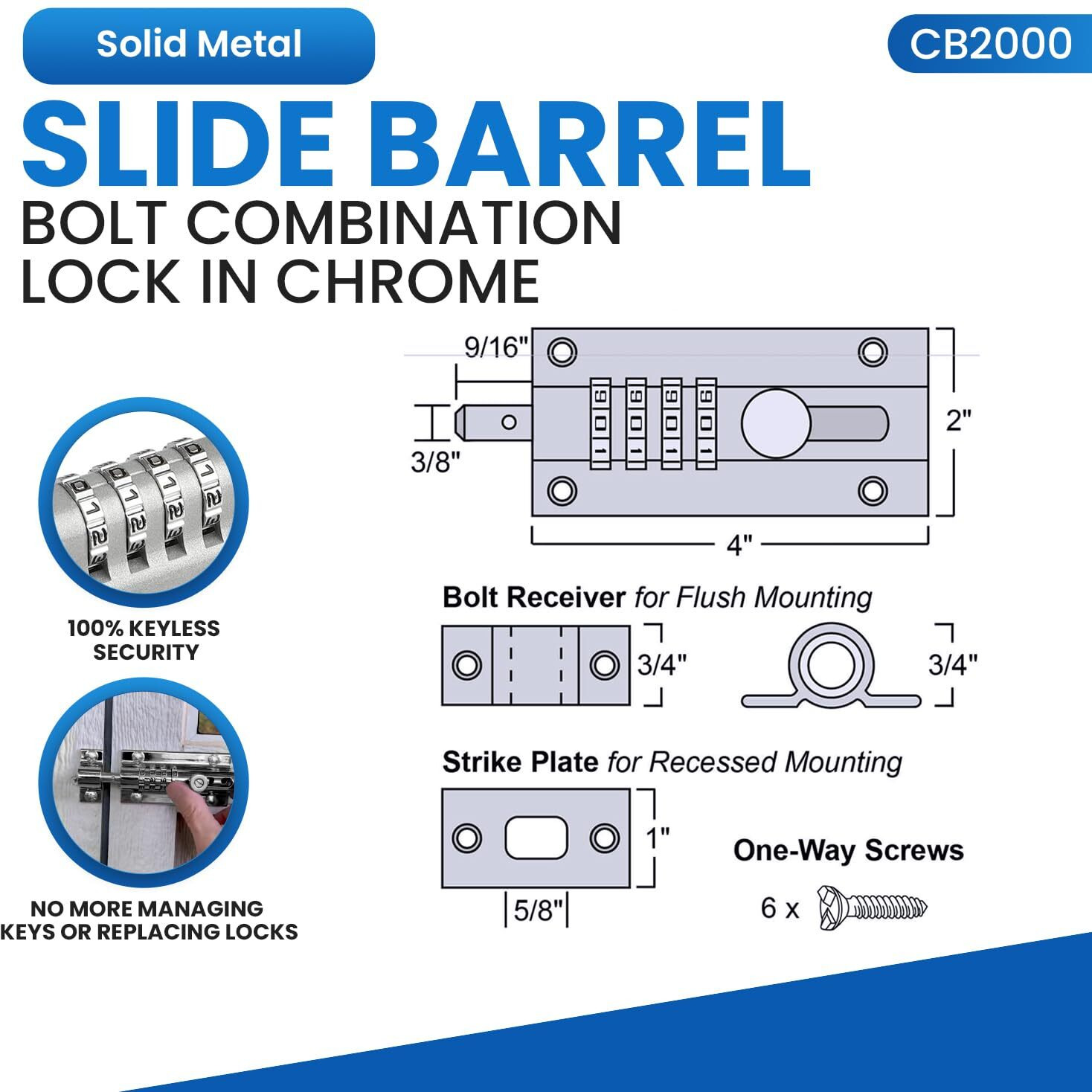 Combi-Bolt Cb2000-Chr Sliding Lock Combination Bolt, Chrome