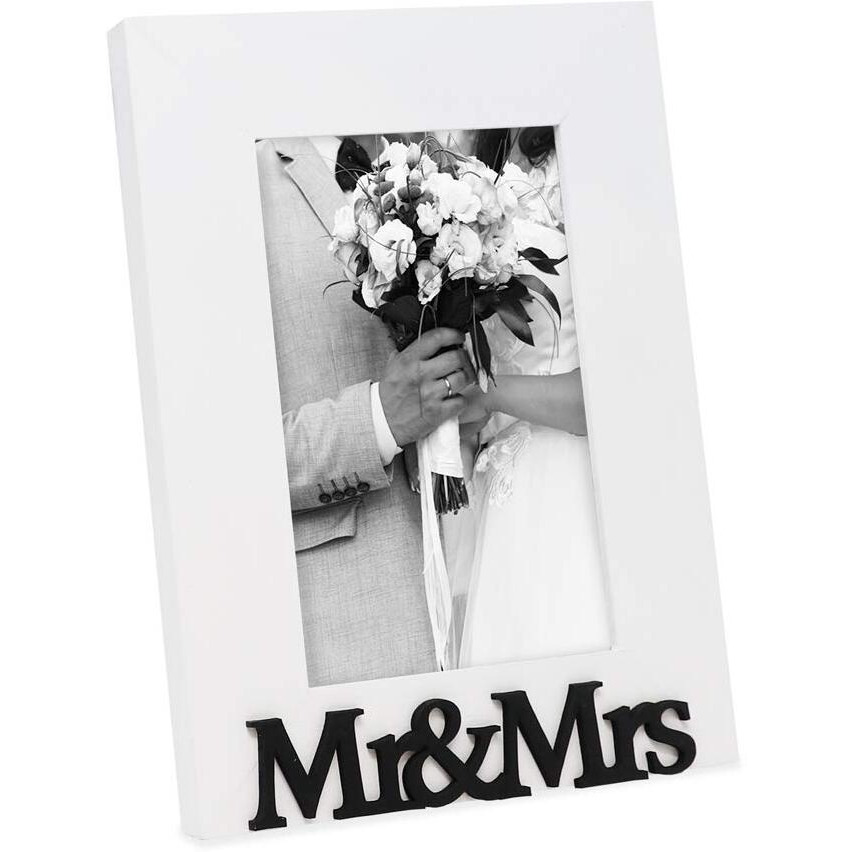 Isaac Jacobs White Wood Sentiments Mr & Mrs    Picture Frame, 4X6 Inch, Newlywed Photo Gift For Wedding, Display On Tabletop, Desk (White, 4X6)