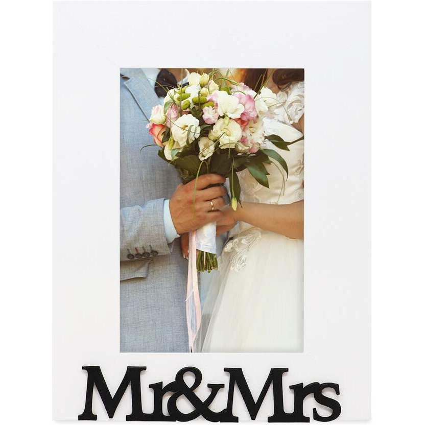 Isaac Jacobs White Wood Sentiments Mr & Mrs    Picture Frame, 4X6 Inch, Newlywed Photo Gift For Wedding, Display On Tabletop, Desk (White, 4X6)